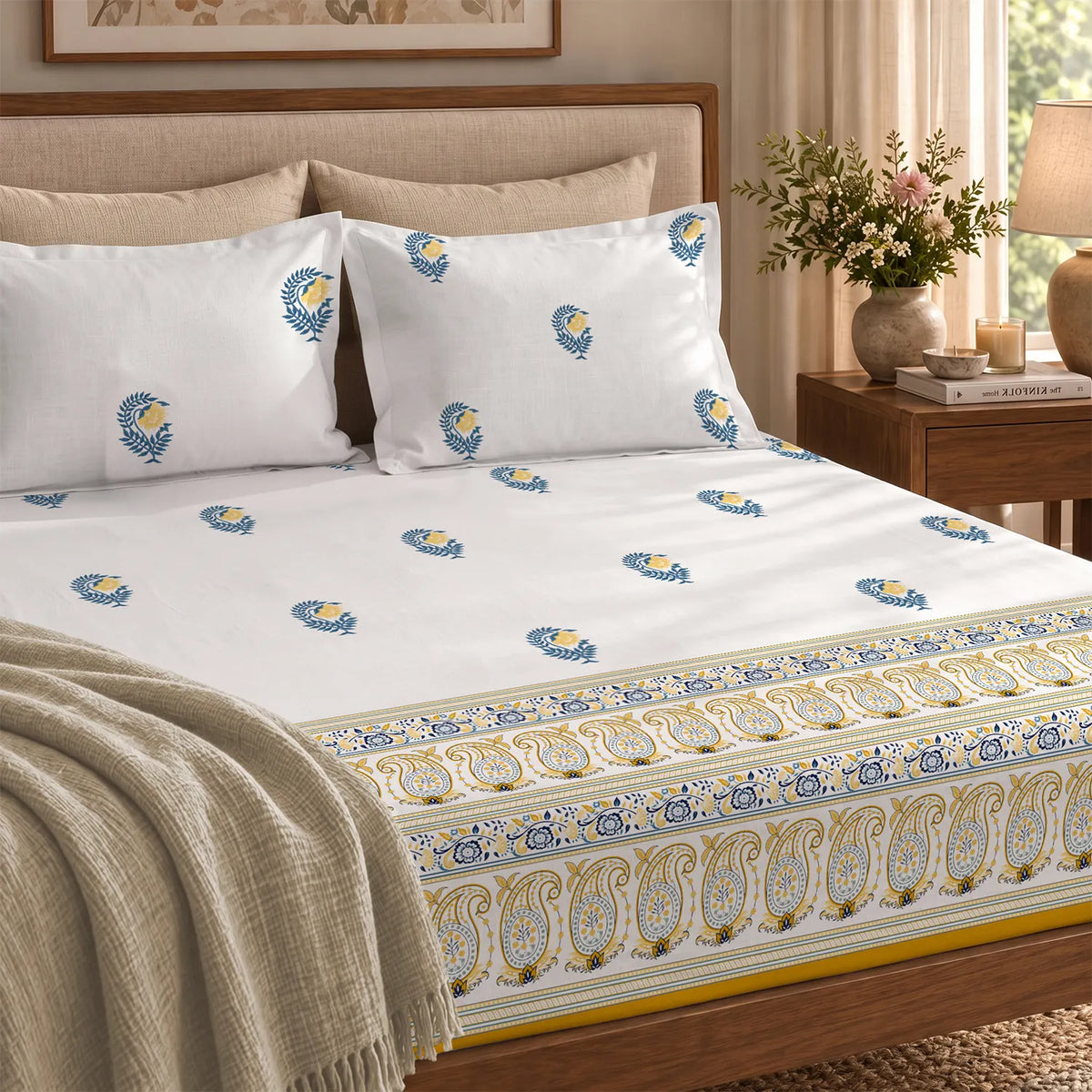 300 TC Cotton Percale Bedsheet with Pillow Covers - Ethnic Motif Yellow