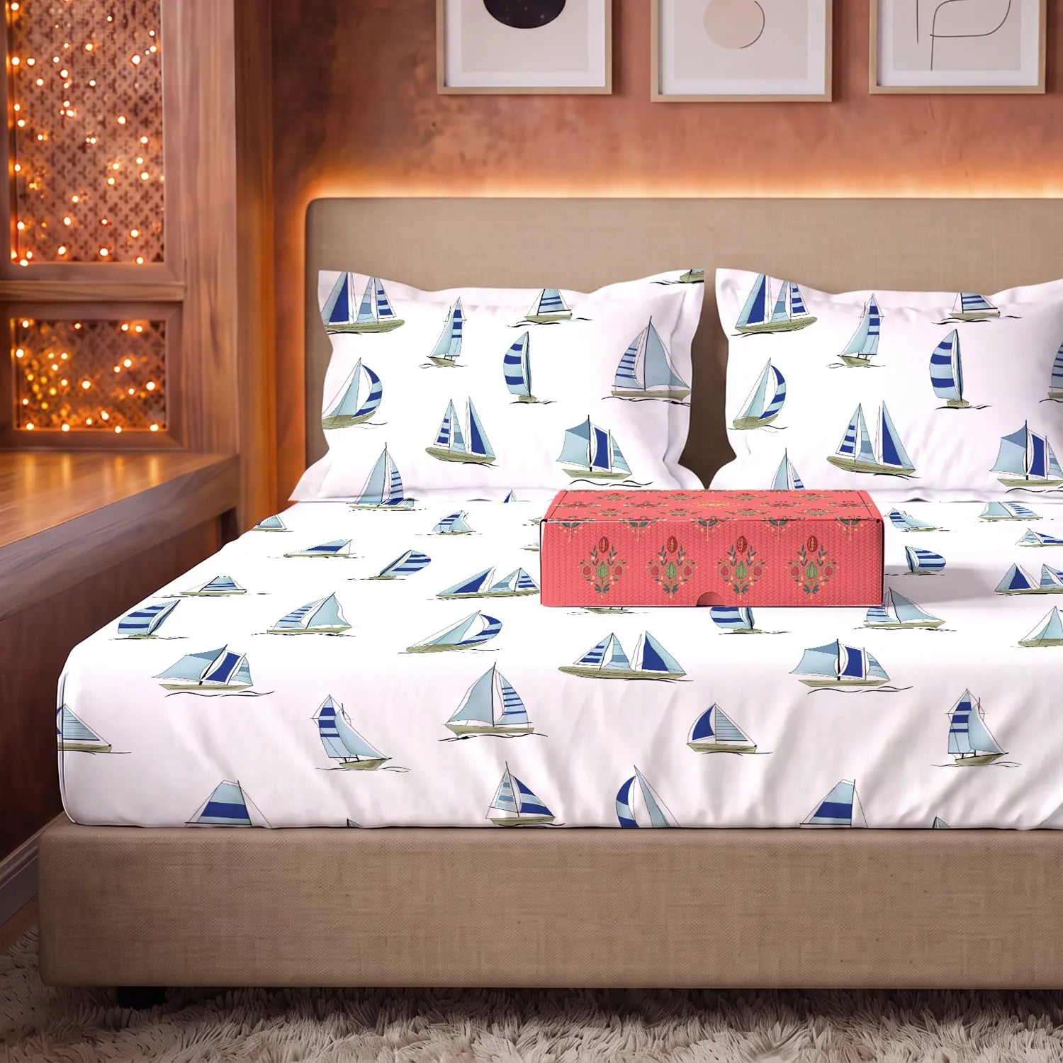 144 TC 100% Cotton Bedsheet Set in Gift Box - Ocean Boats Blue
