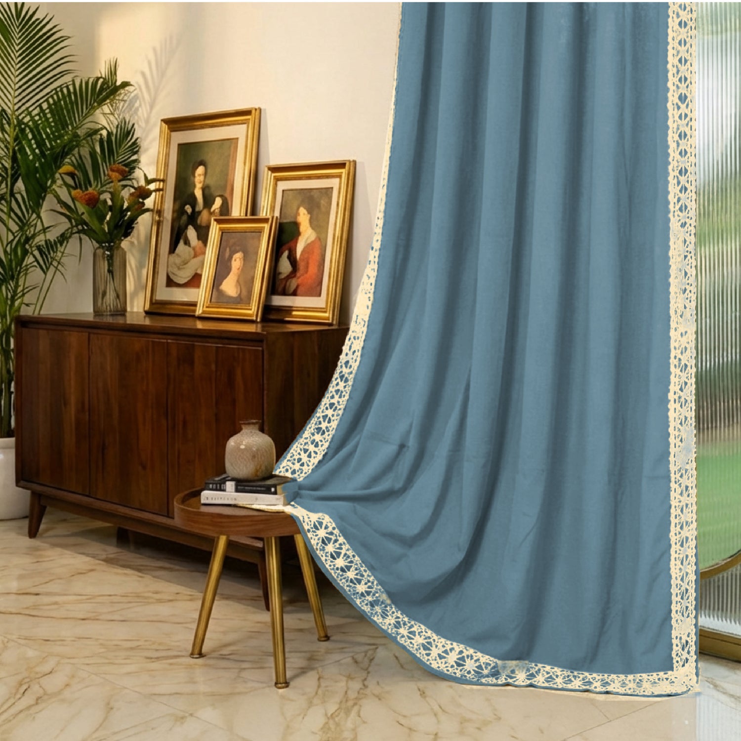 Premium 100% Cotton Curtain for Window & Curtains for Door with Lace Trim - Pack of 1, Aura Dusty Blue