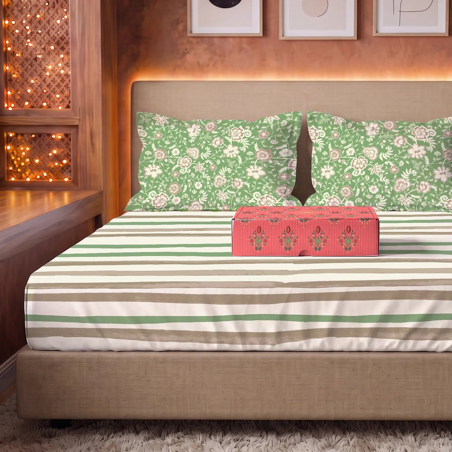 144 TC 100% Cotton Bedsheet Set in Gift Box - Streak Sage Green