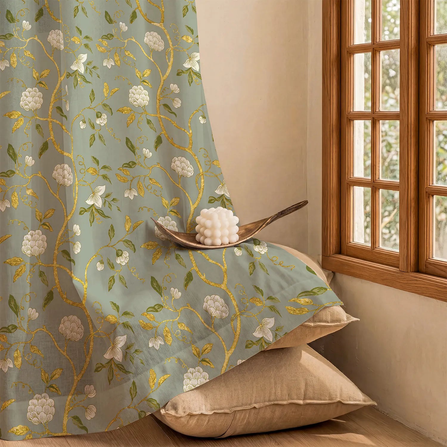 100% Cotton Gold Foil Curtains for Living Room, Bedroom curtains - Pack of 2 curtains, Zari Baagh Sage Green Gold