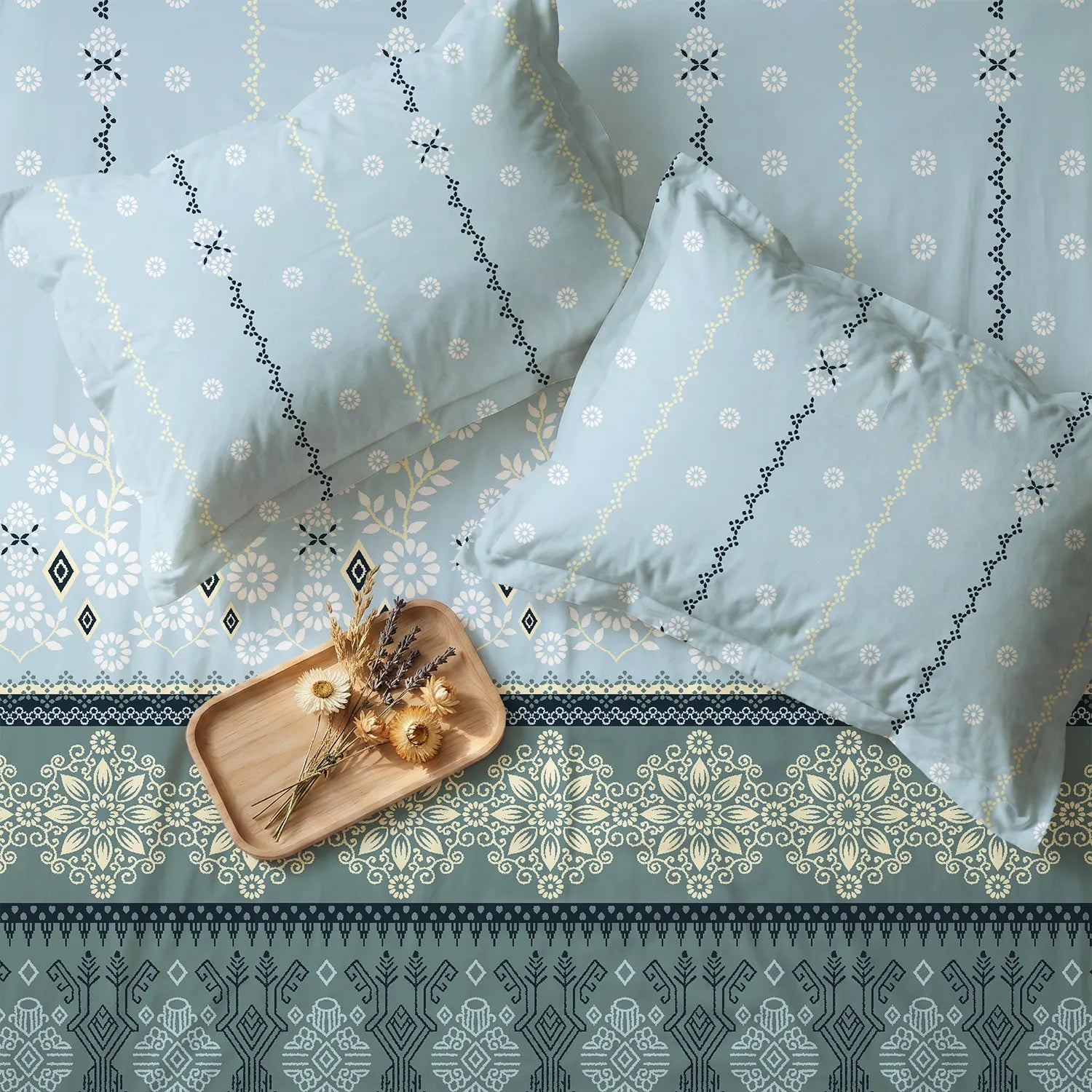 Serene 200 TC 100% Cotton Bedsheet with Pillow Covers - Origami Teal Grey