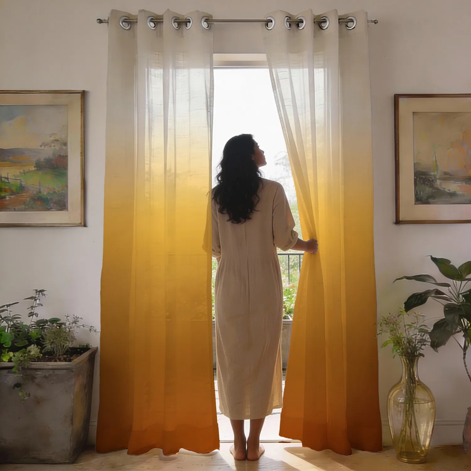 Sheer Curtains, Linen Textured & Digital Printed, Pack of 2 - Sunset Ombre