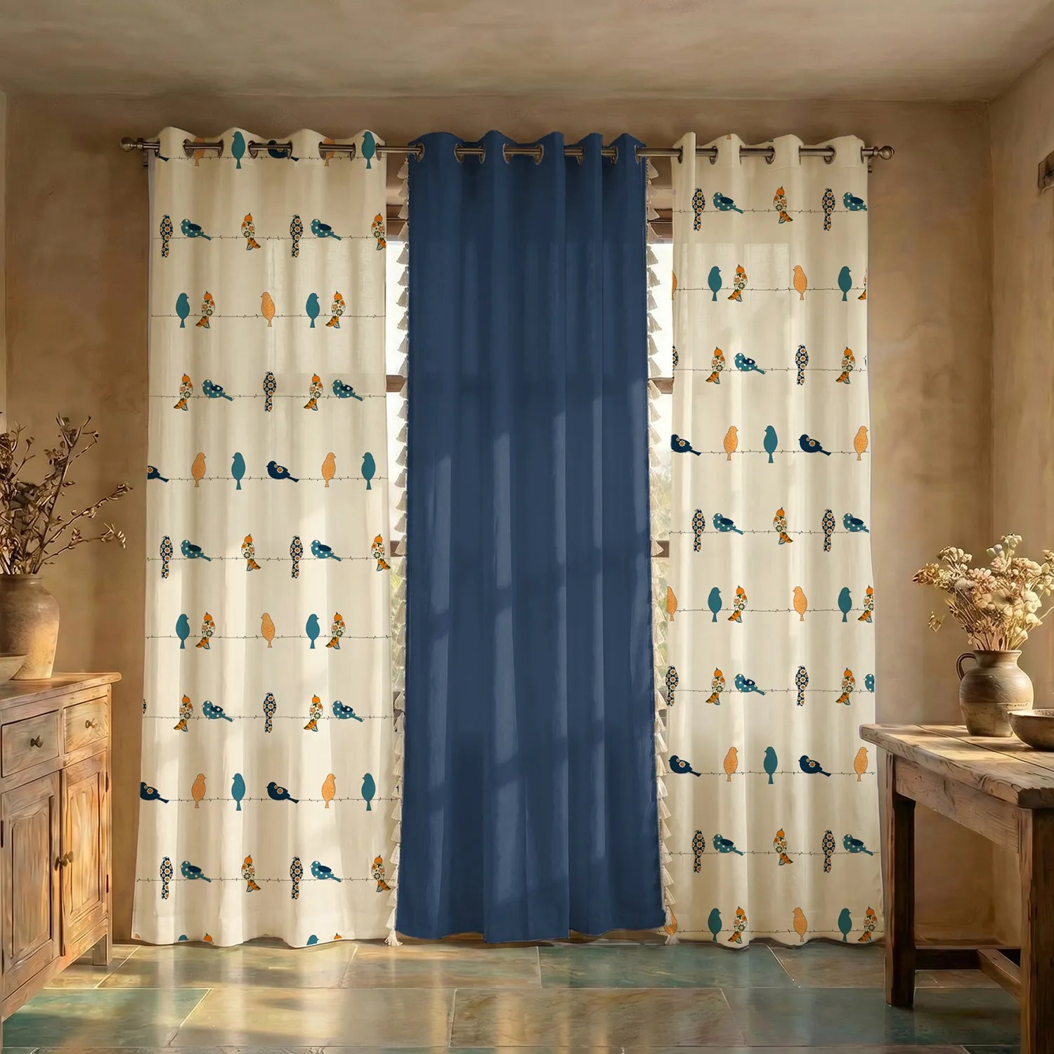 Cotton Curtains Combo, Set of 3 curtains, 60-65% Room Darkening Curtain - Humming Bird Blue & Aura Indigo