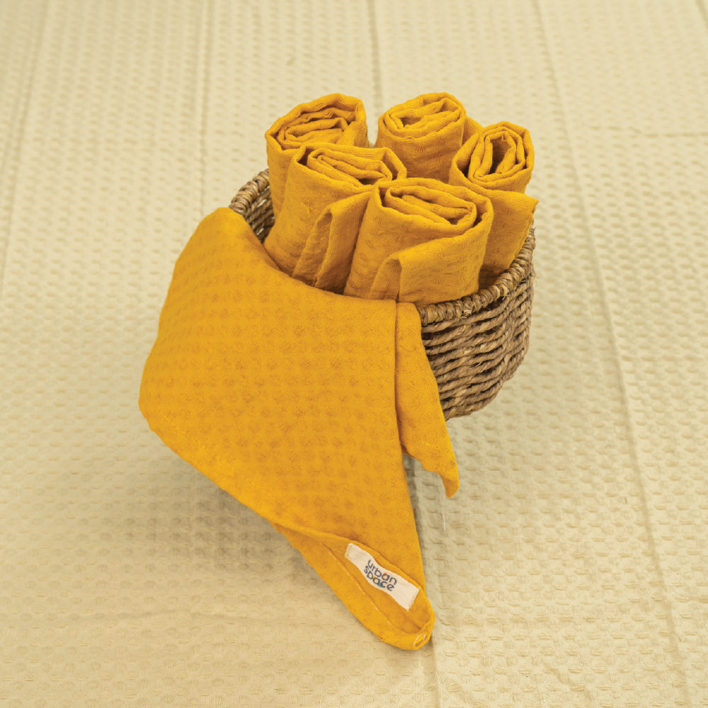 100% Cotton Waffle Multipurpose Kitchen Napkins, Dining Table Napkins, Machine Washable & Reusable - Set of 6 - Mustard