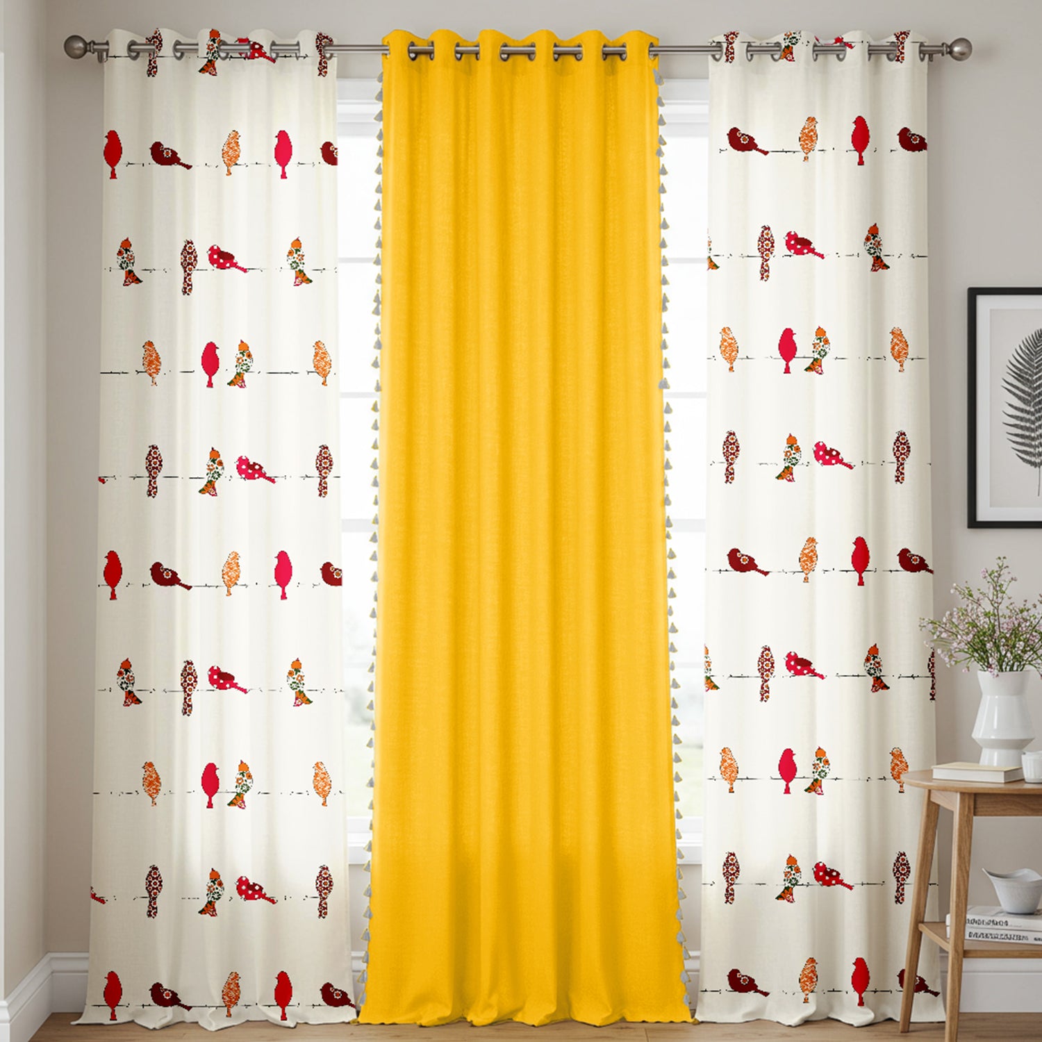 Cotton Curtains Combo, Set of 3 curtains, 60-65% Room Darkening Curtain - Humming Bird Red & Aura Yellow