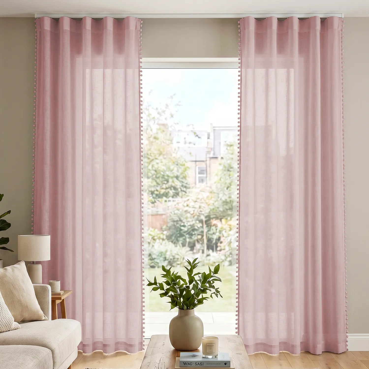 Sheer Curtain for Living Room with linen texture & Track Channel, Net Curtain for balcony, Pack of 2 Curtains -  Blush Pink with pom pom