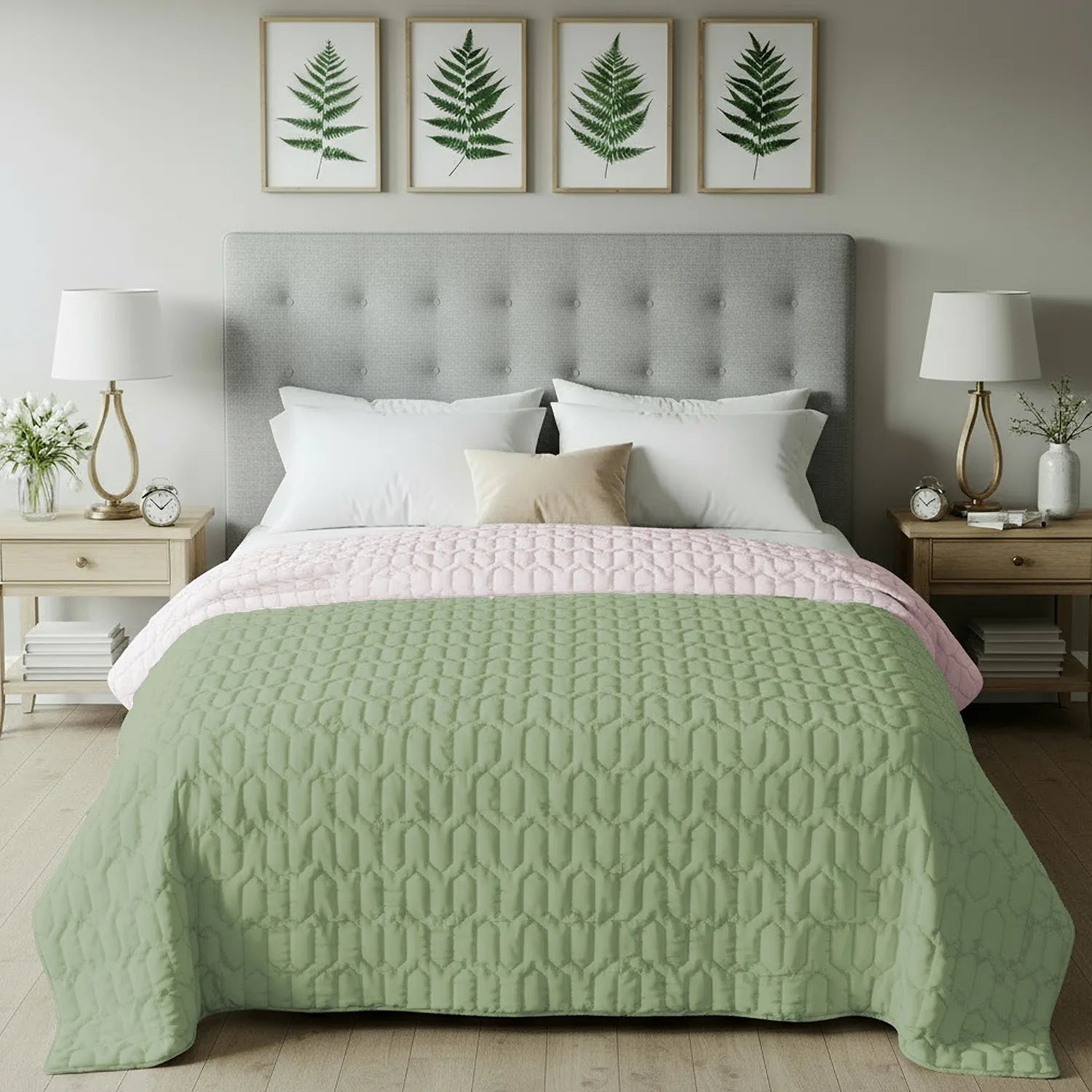 Fluffy & Heavy 200 GSM Microfiber Reversible Quilted Winter Comforters - Sage Green & Blush