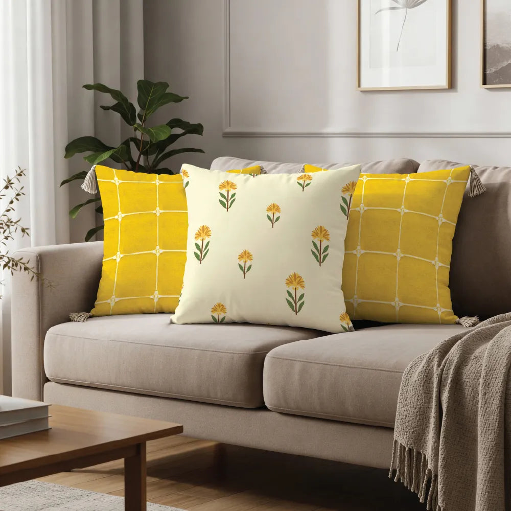 Cotton Cushion Covers, Throw Pillow for Couch - Aster Yellow & Aura Checks Yellow with White Tassels