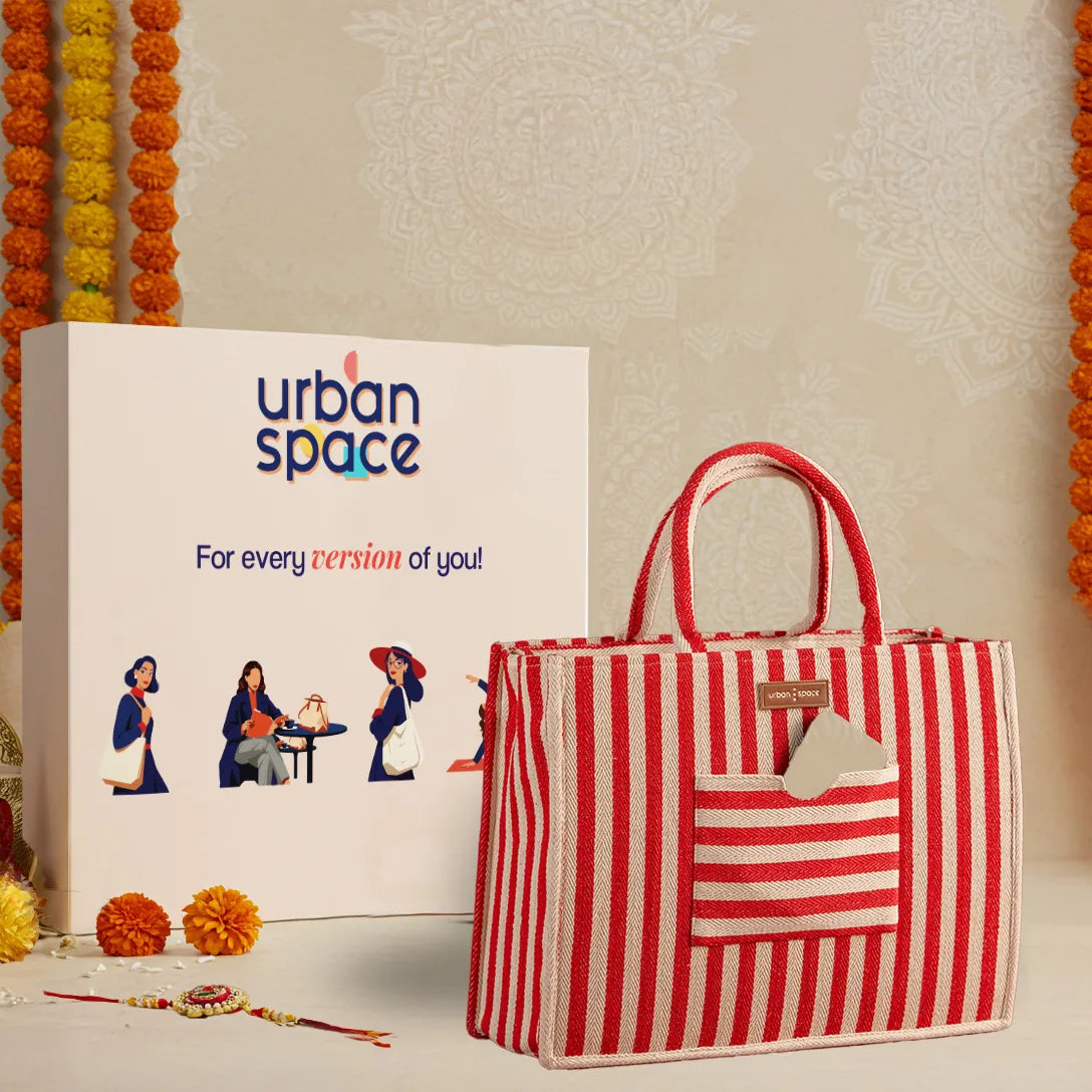 Sustainable Office and Casual Travel Bag for her in Gift Box, Red Stripes