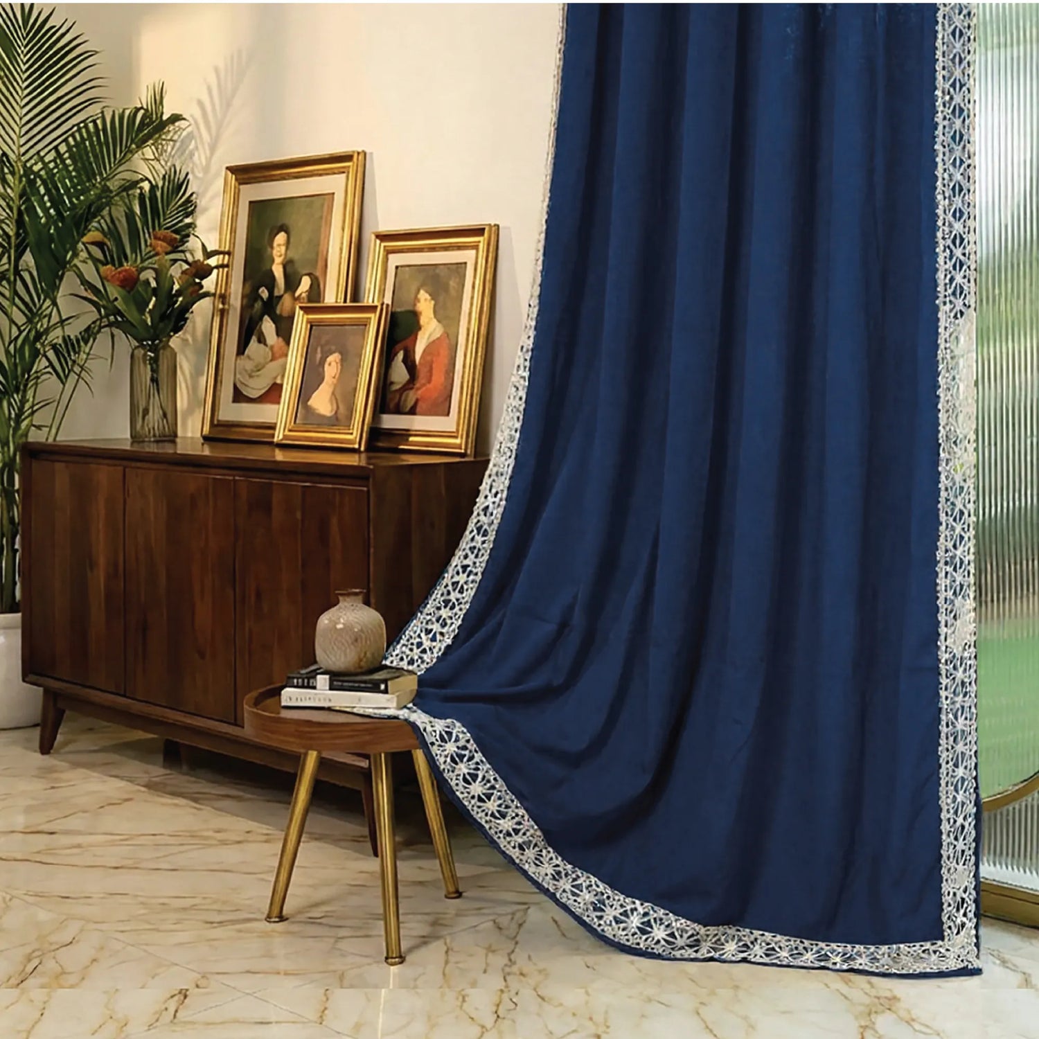 Premium 100% Cotton Curtain for Window & Curtains for Door with Lace Trim - Pack of 1, Aura Indigo