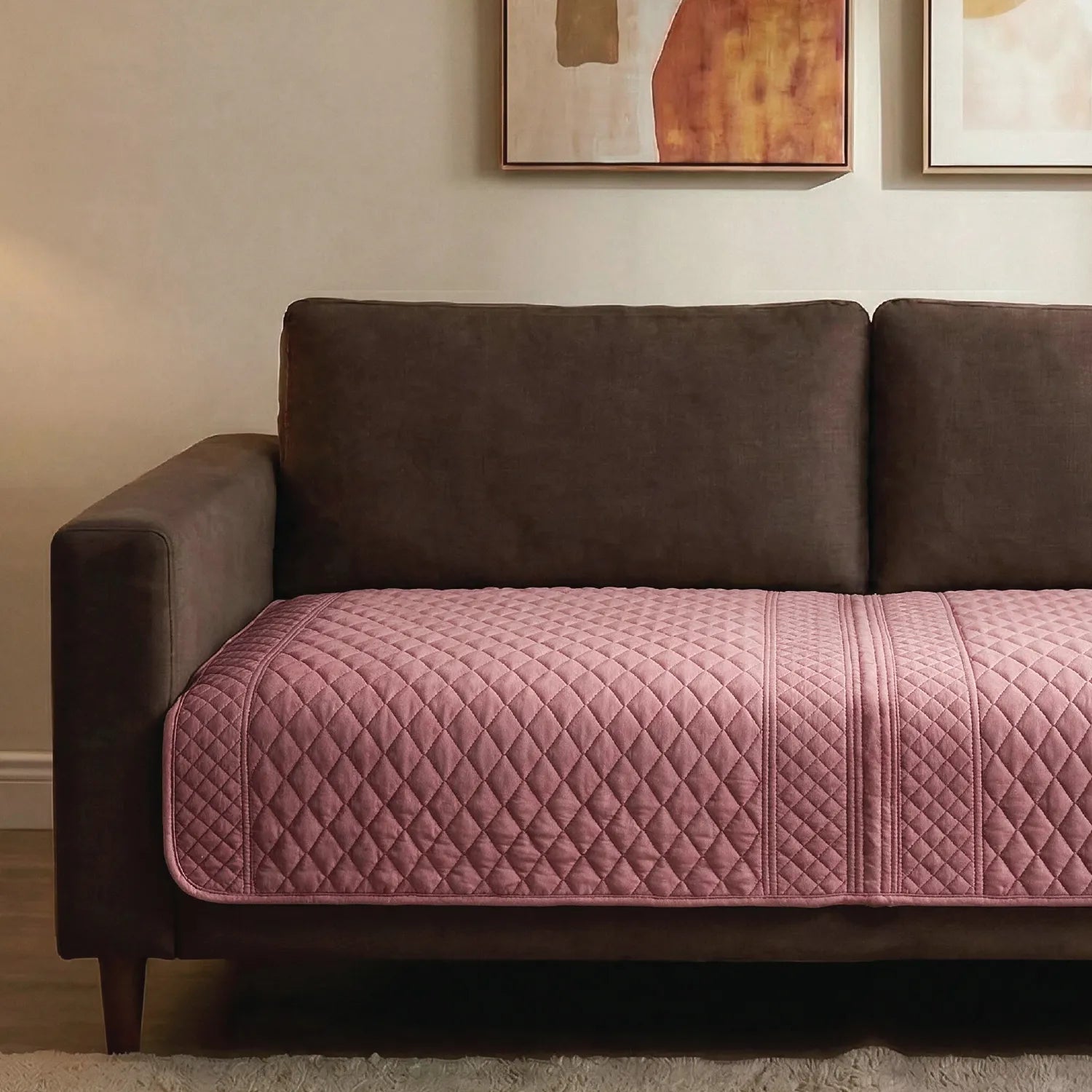 Anti Skid Quilted Velvet Sofa Mats, Box Grid - Honeycomb Pink