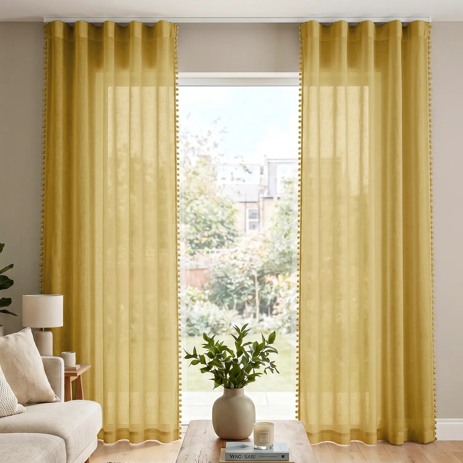 Sheer Curtain for Living Room with linen texture & Track Channel, Net Curtain for balcony, Pack of 2 Curtains -  Mustard with pom pom