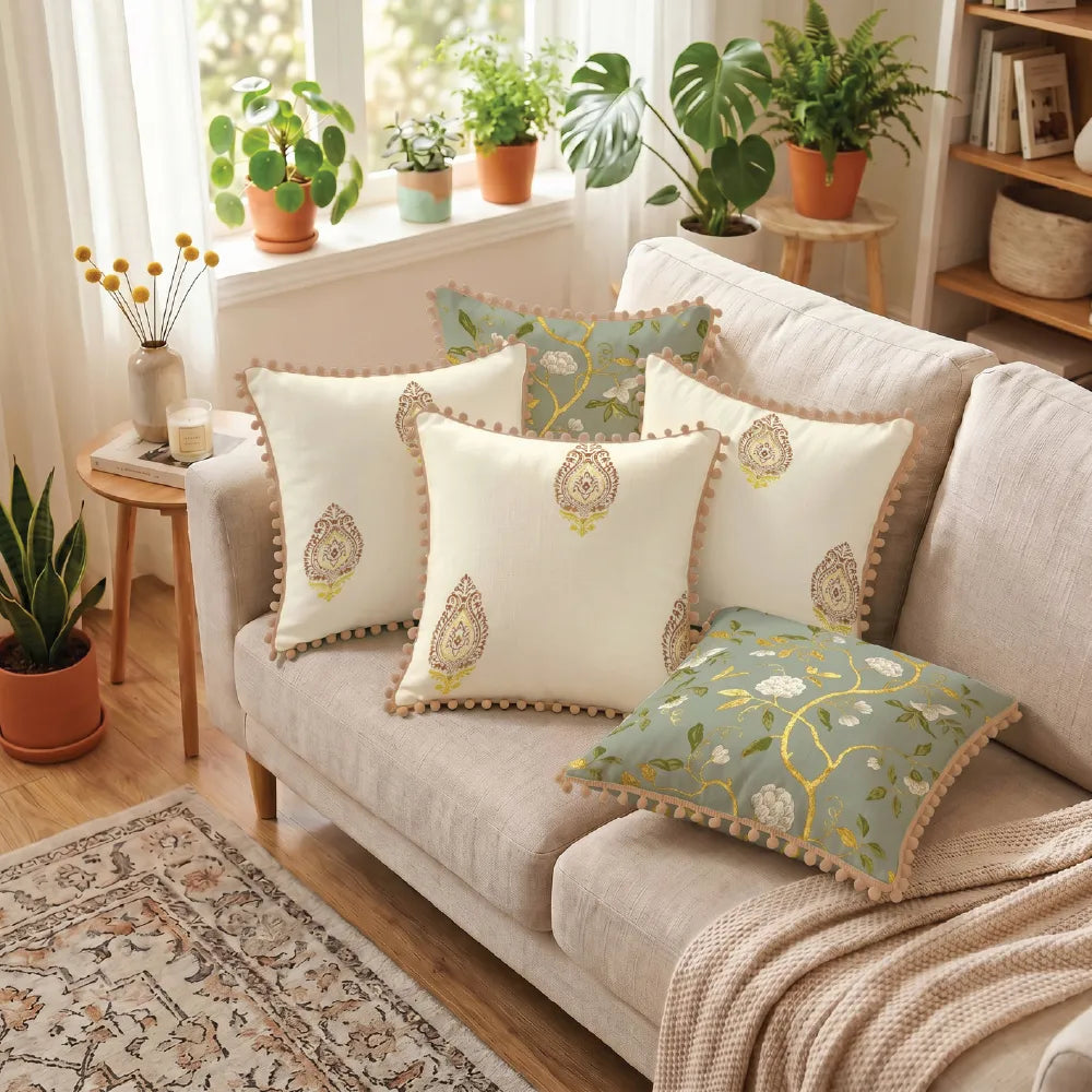 Festive Cushion Covers for Sofa & Couch, Set of 5 - Zari Buta Brown Gold, Zari Bagh Sage Green With pom