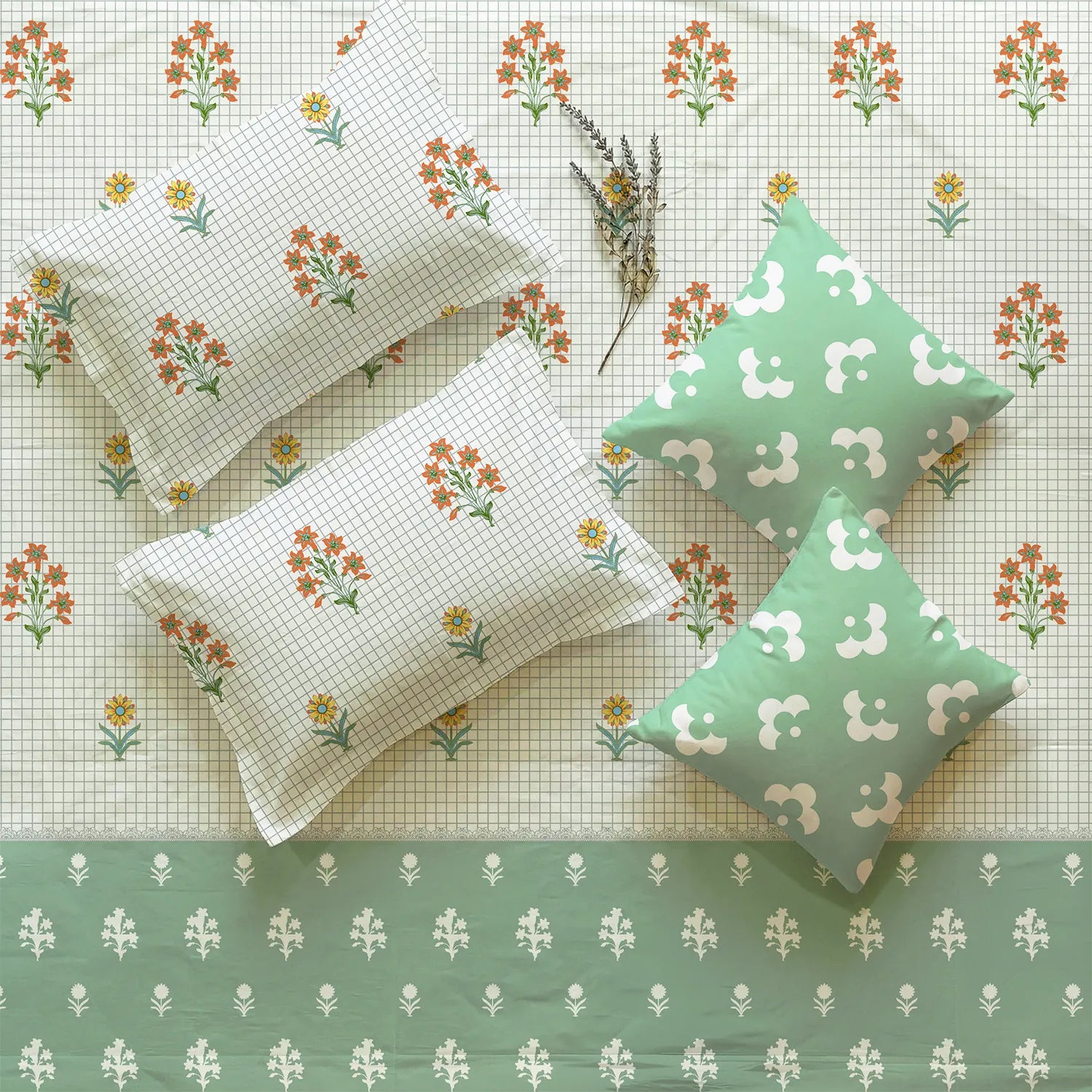 5 PC Cotton Bedsheet Set with 2 Pillow + 2 Cushion Covers - Magnolia Sage Green