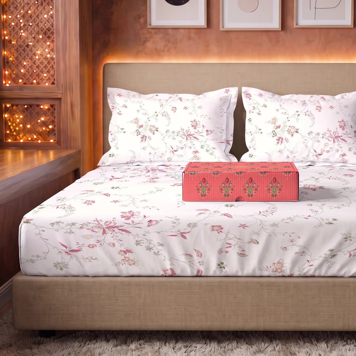Serene 200 TC 100% Cotton Bedsheet with Pillow Covers in Giftbox - Bloom Pearls Pink