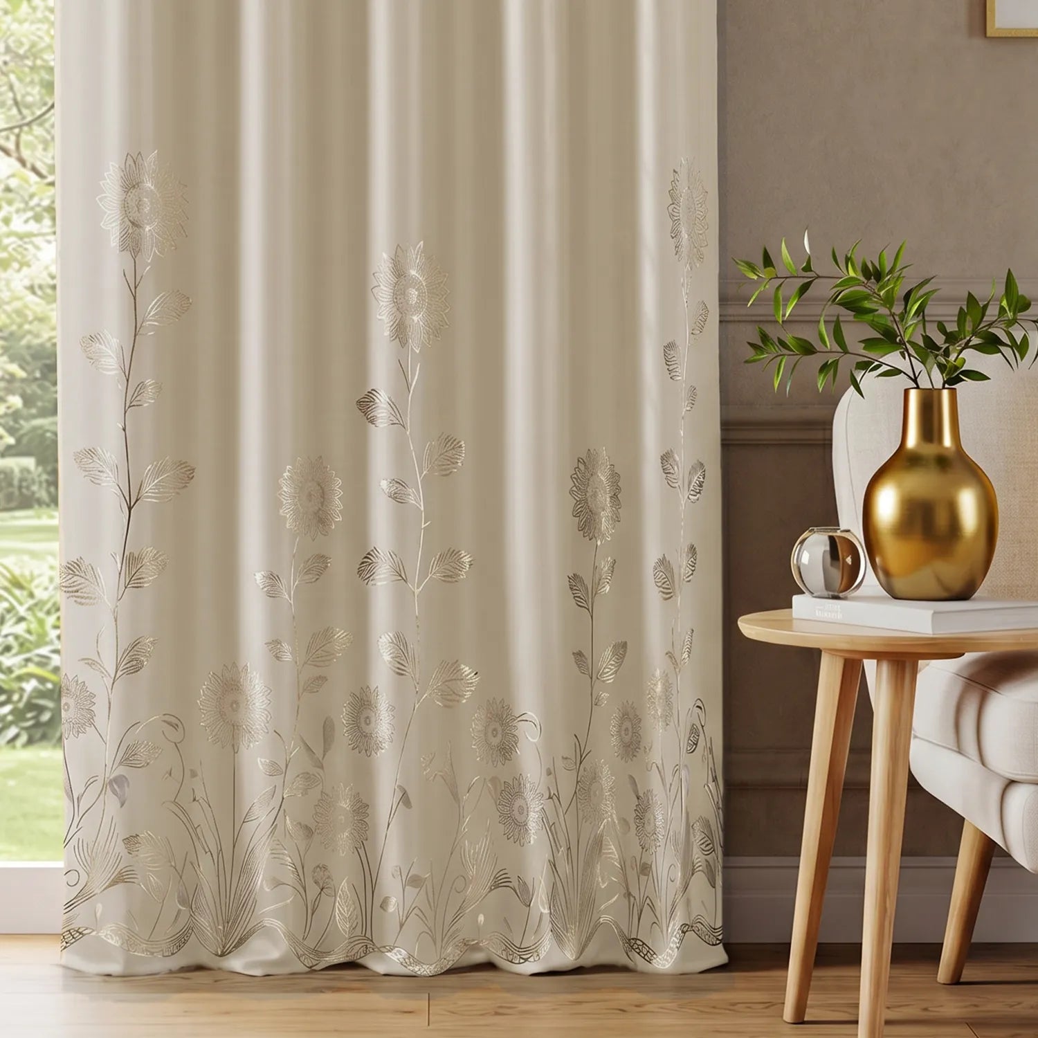 Metallic Foil Printed 100% Blackout Curtains - Pack of 1 Curtain - Reva Beige