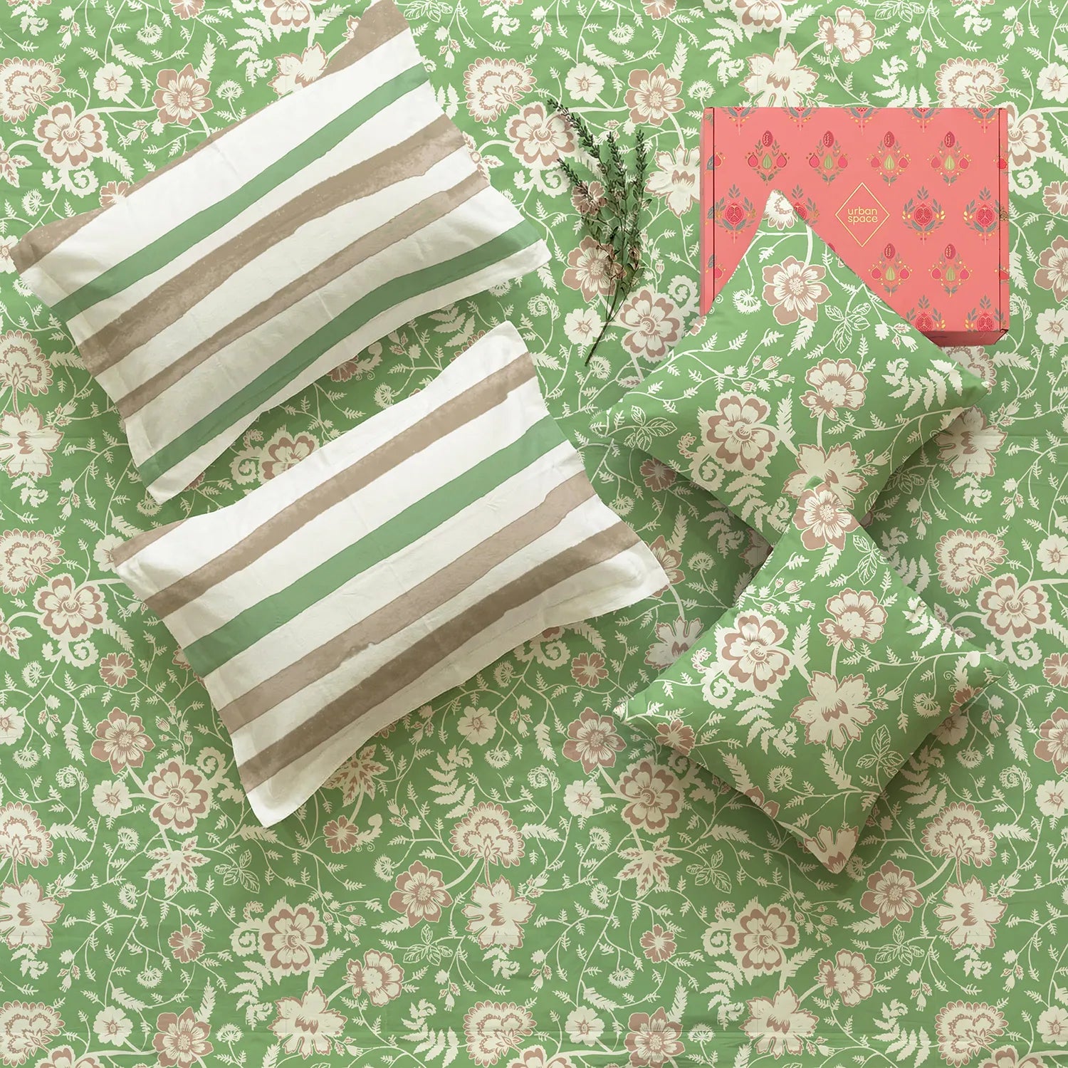 5 PC Cotton Bedsheet Set, Double/Queen Bedsheet in Giftbox- Viola Sage Green