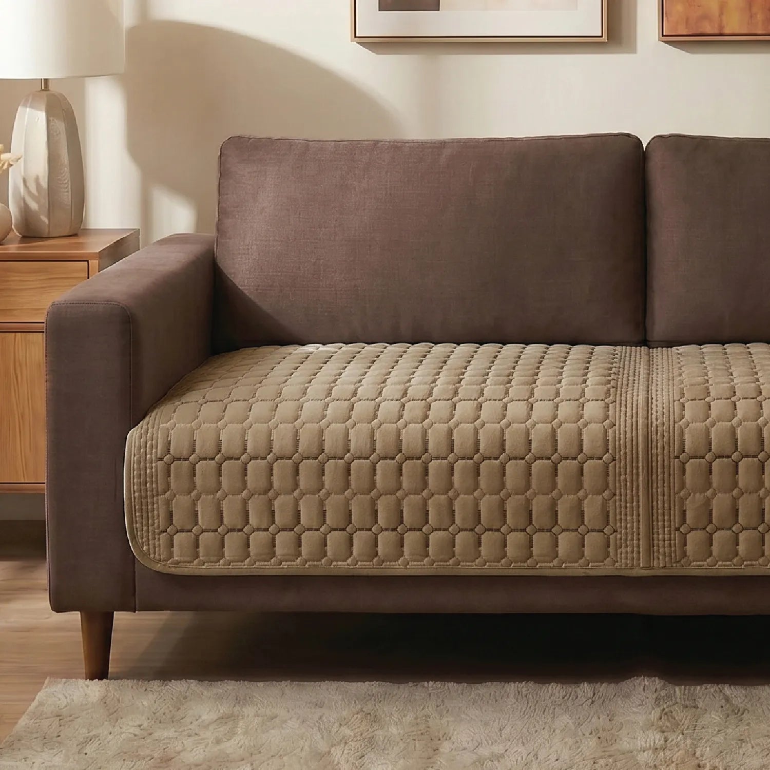 Anti Skid Quilted Velvet Sofa Mats, Box Grid - Soft Brown