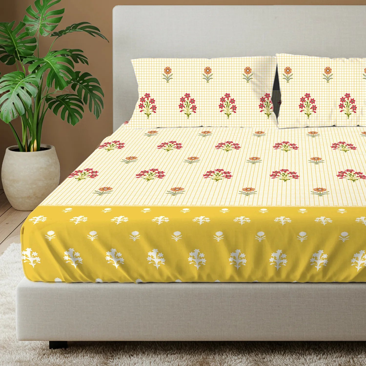 Divine Collection - Cotton Bedsheet With 2 Pillow Covers, Magnolia Yellow