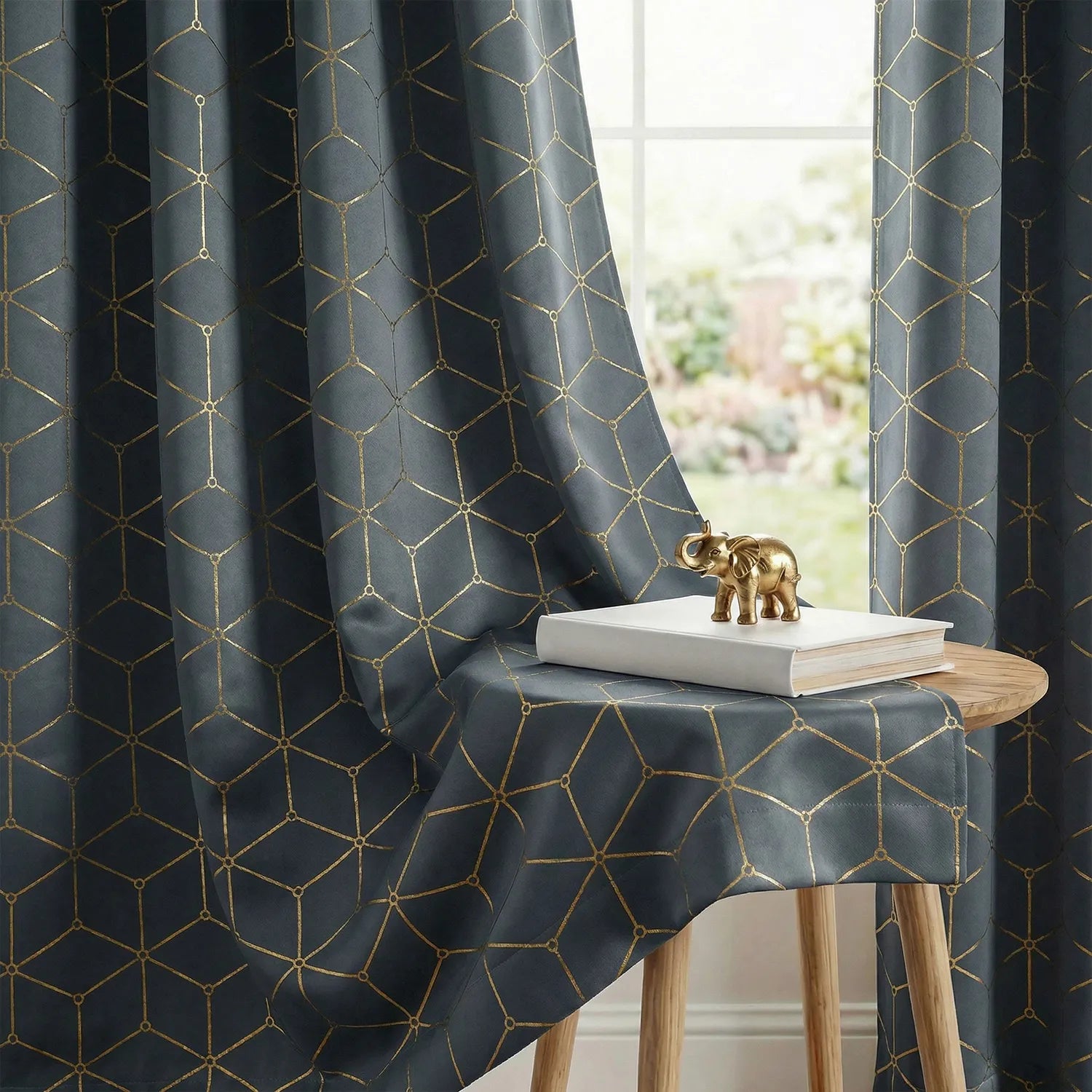 Gold Foil Printed 80-85% Blackout Curtains - Pack of 1 Curtain - Hexagon - Grey