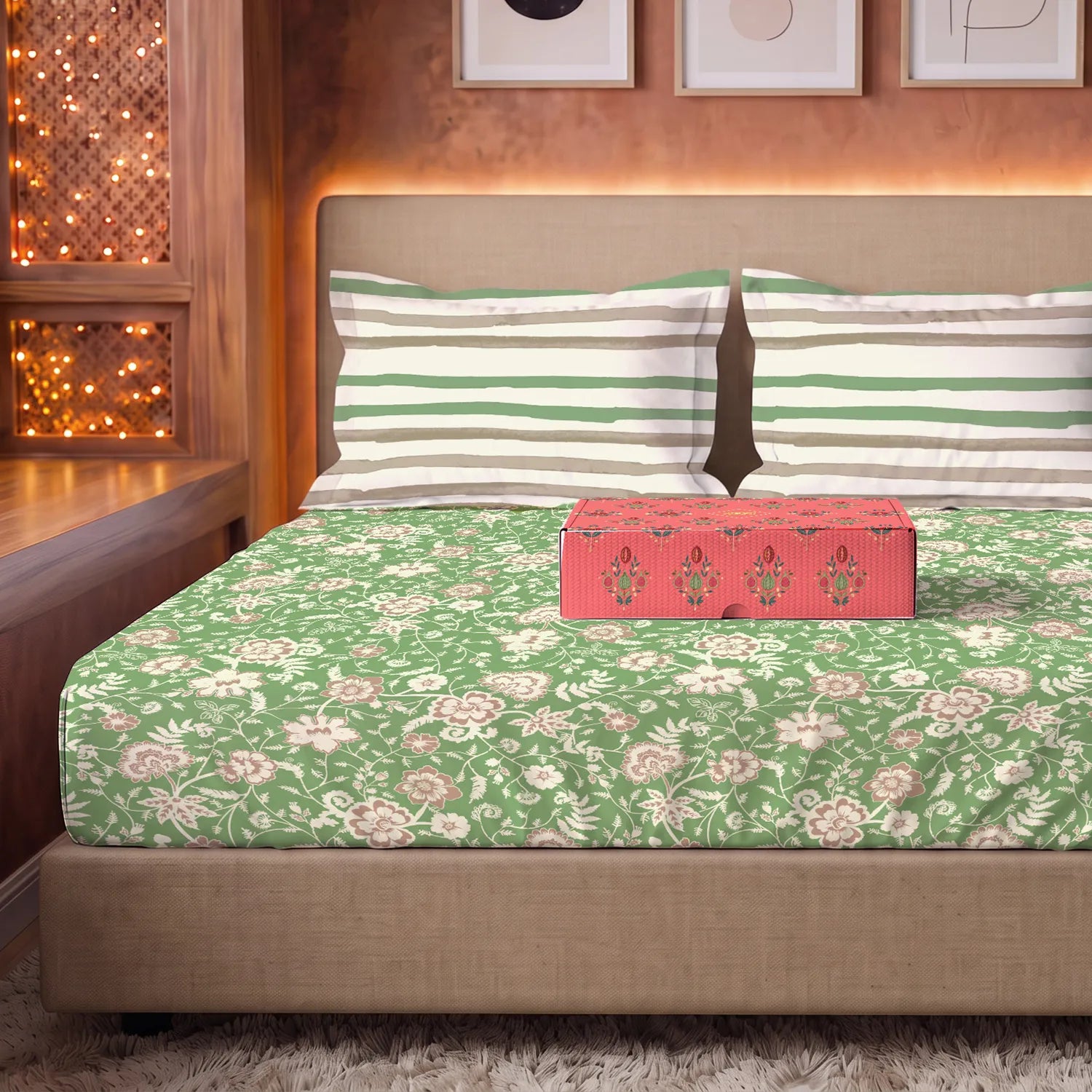 144 TC 100% Cotton Bedsheet Set in Gift Box - Viola Sage Green