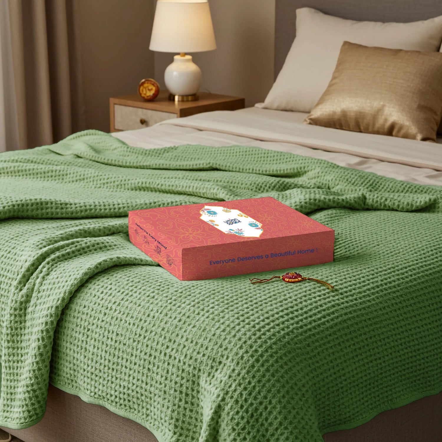 All-Season Cotton Waffle Blanket in Gift Box, Sage Green