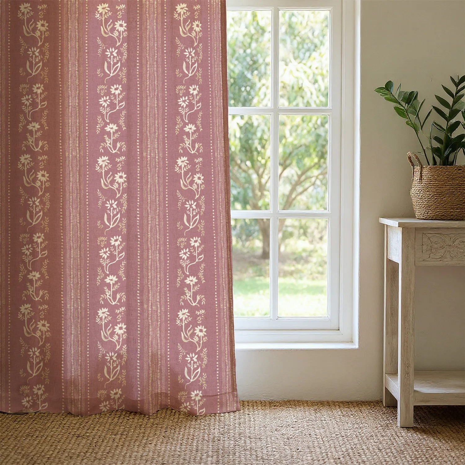 100% Cotton Curtains for Living Room, Bedroom curtains - Pack of 2 curtains, Garden trail muddy pink