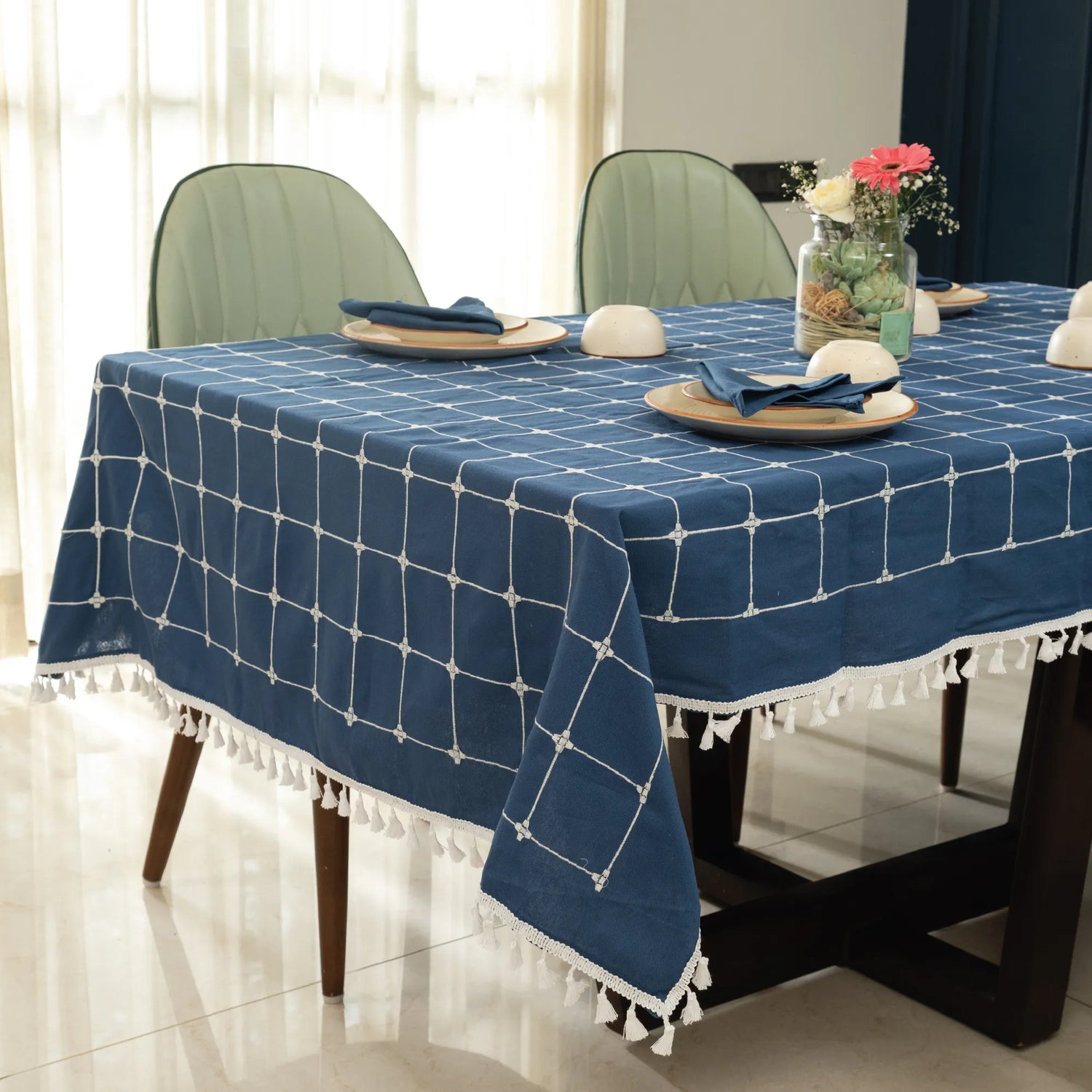 Embroidered Cotton Dining Table, 4 & 6 Seater Table Covers - Aura Checks Indigo