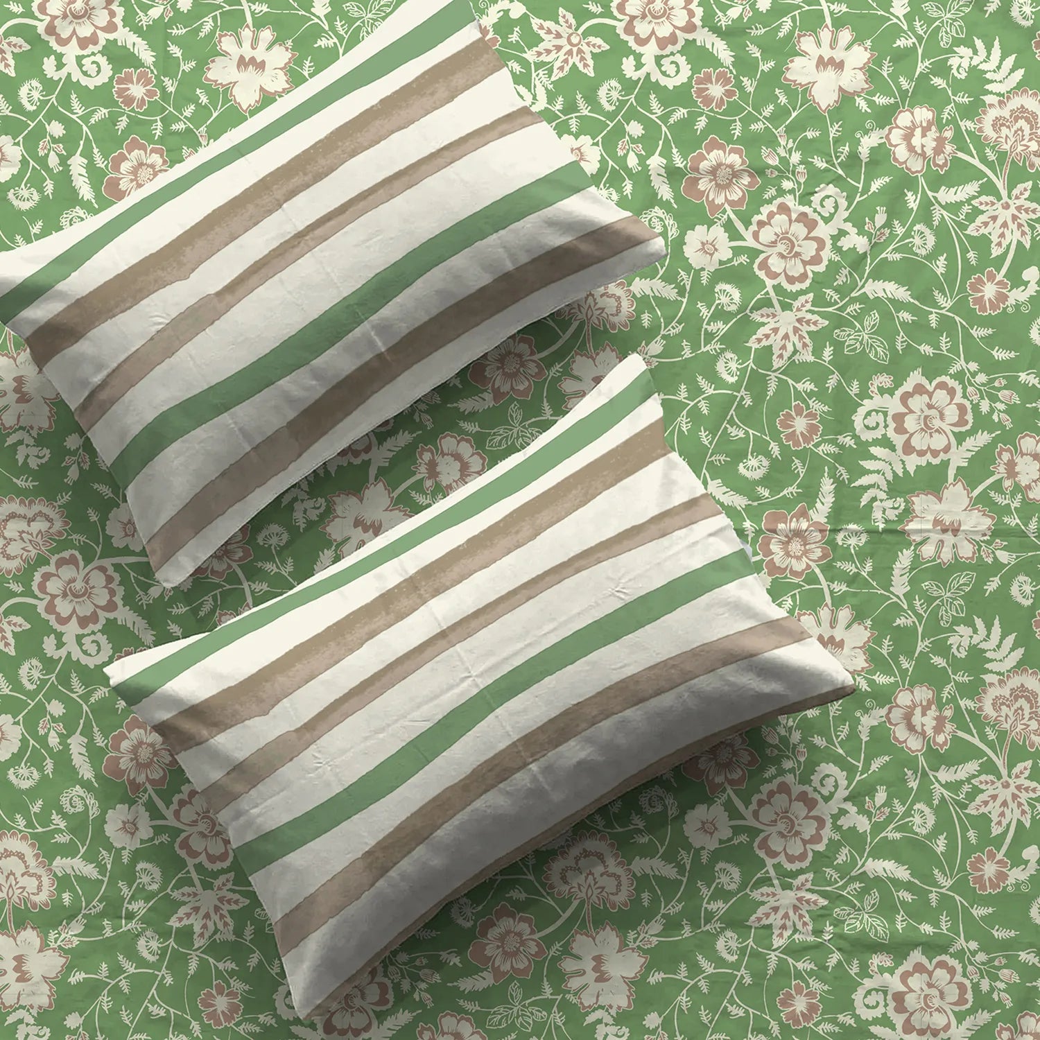 Divine Collection - Cotton Bedsheet With 2 Pillow Covers, Viola Sage Green