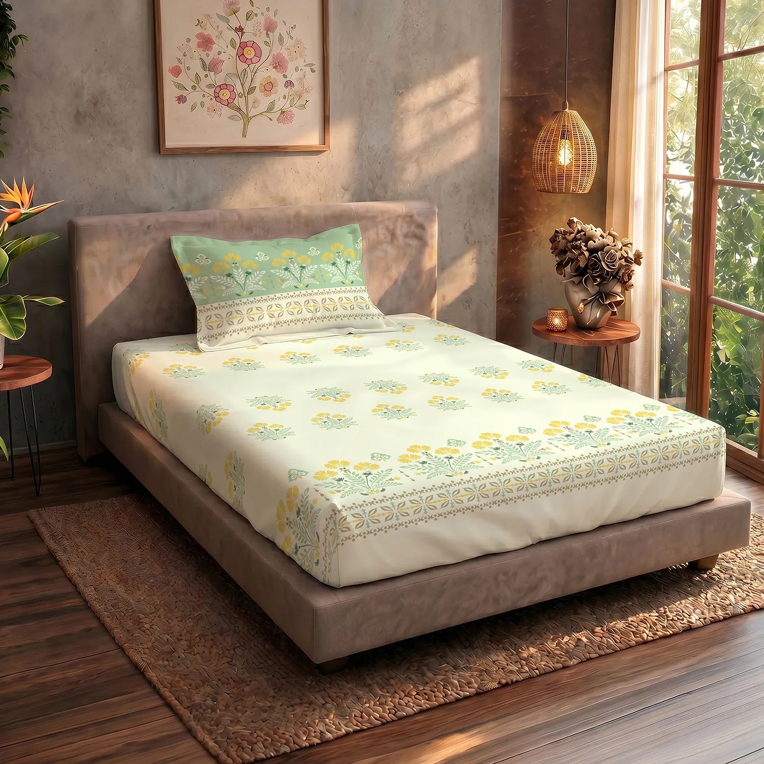 Serene 200 TC 100% Cotton Single Bedsheet with Pillow Covers - Malhaar Sage Green