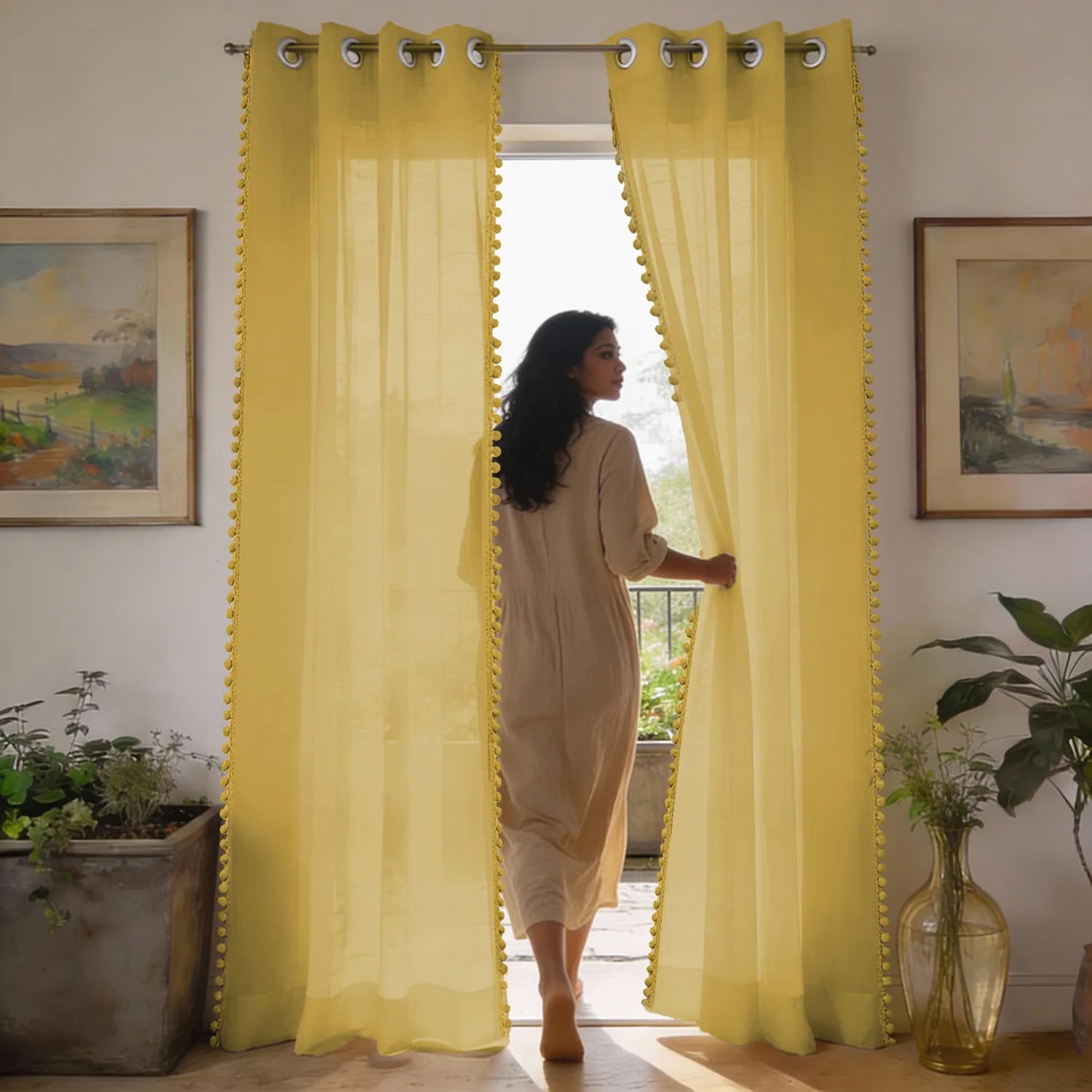 Sheer Curtain for Living Room with linen texture, Net Curtain for balcony, Pack of 2 Curtains -  Mustard with pom pom