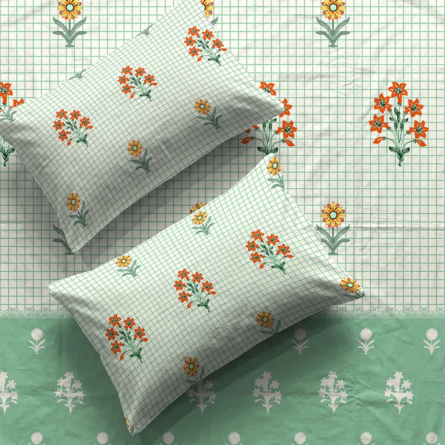 Divine Collection - Cotton Bedsheet With 2 Pillow Covers, Magnolia Sage Green