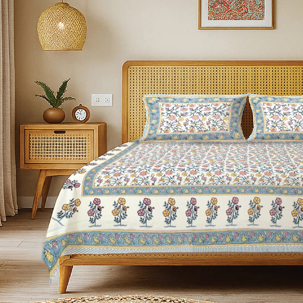 Rajasthani Ethnic 100% Cotton Bedsheet with 2 Pillow Covers, King Bed - Jagmandir Blue