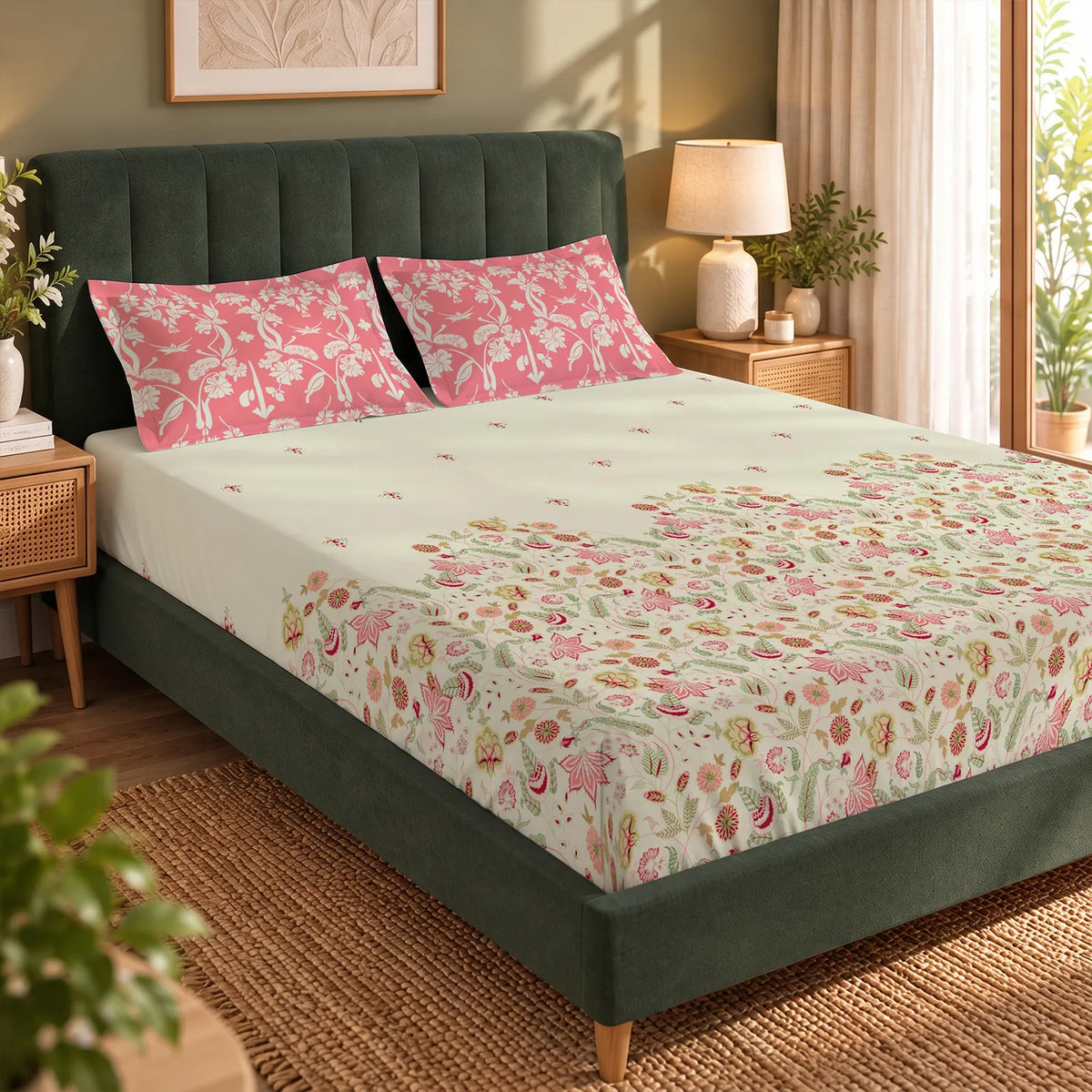 Serene 200 TC 100% Cotton Bedsheet with Pillow Covers - Vine Gardens Peach Pink
