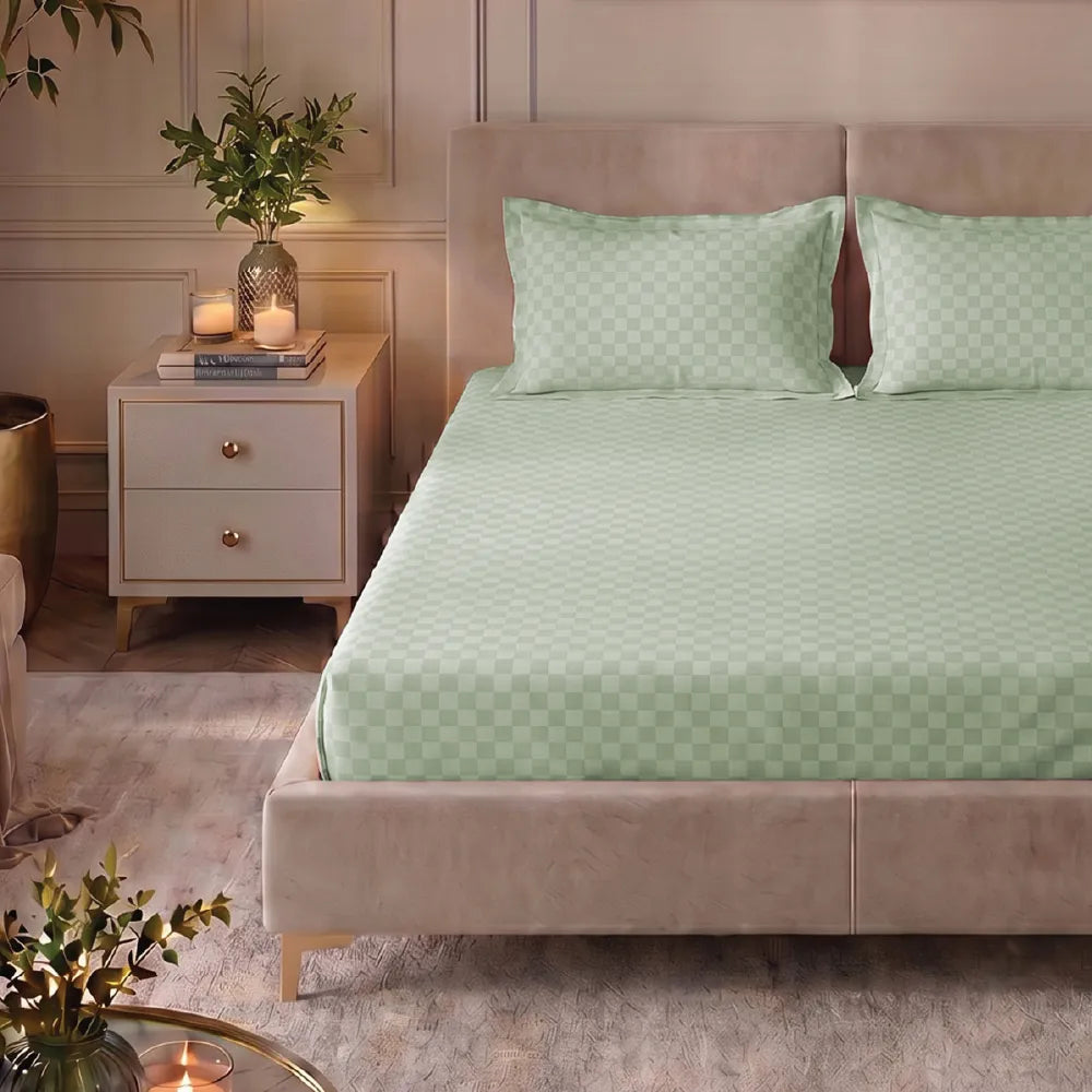 300 TC Super Soft King Bedsheet, Self Woven Cubes Design - Tea Green Cubes