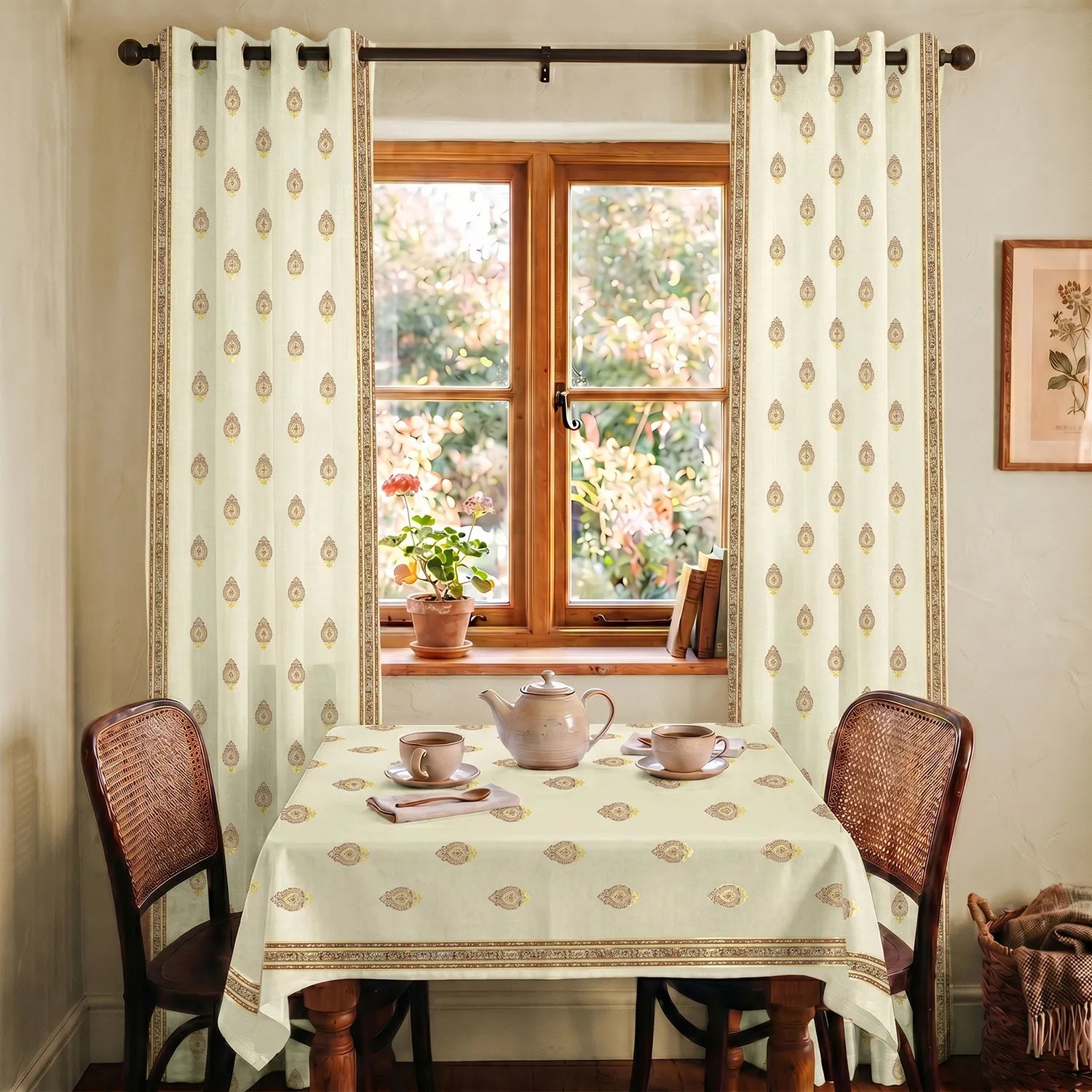 100% Cotton Pack of 2 Curtains & Table Cover Combo for Living Room - Zari Buta Brown Gold