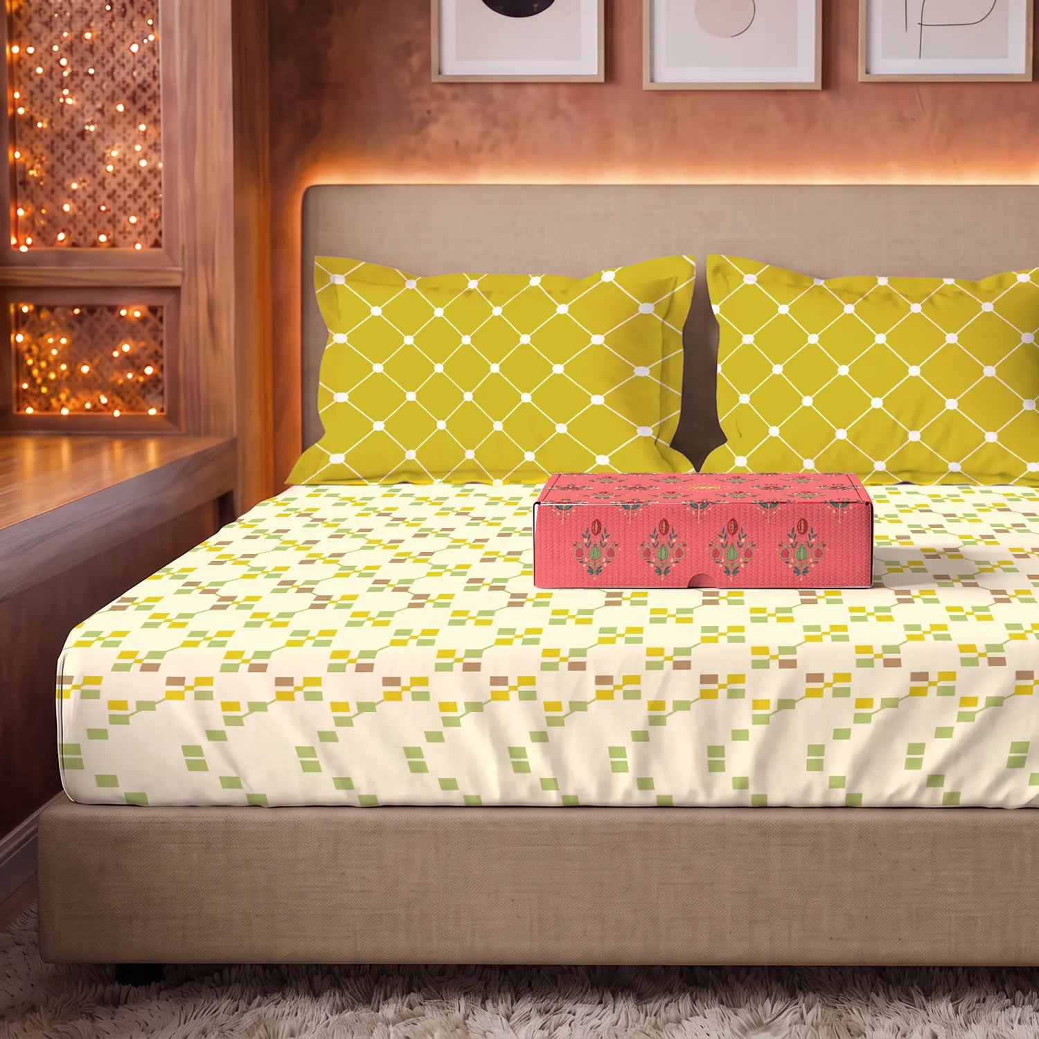 144 TC 100% Cotton Bedsheet Set in Gift Box - Zen Blocks Yellow