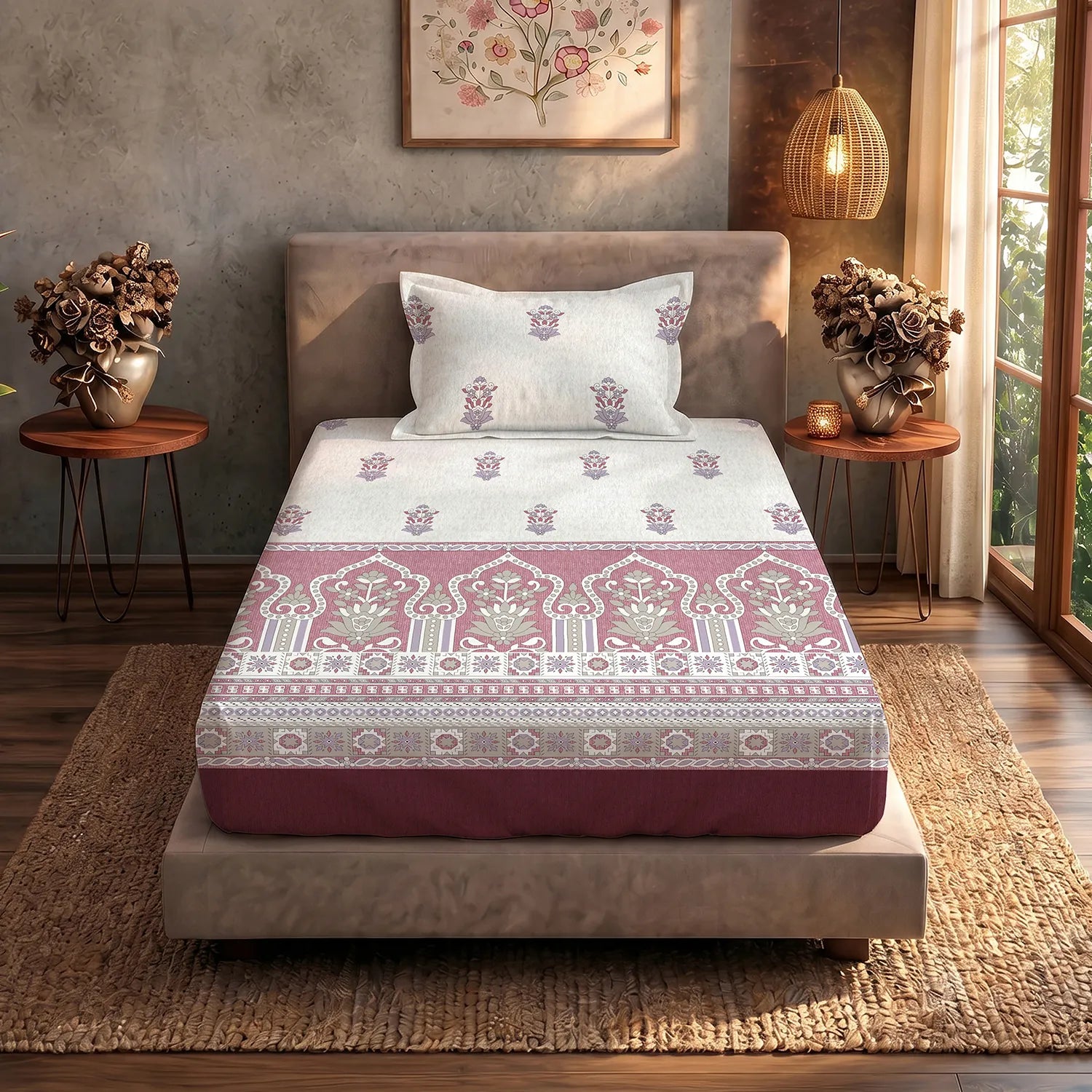 Serene 200 TC 100% Cotton Single Bedsheet with Pillow Covers - Palace Dusty Pink