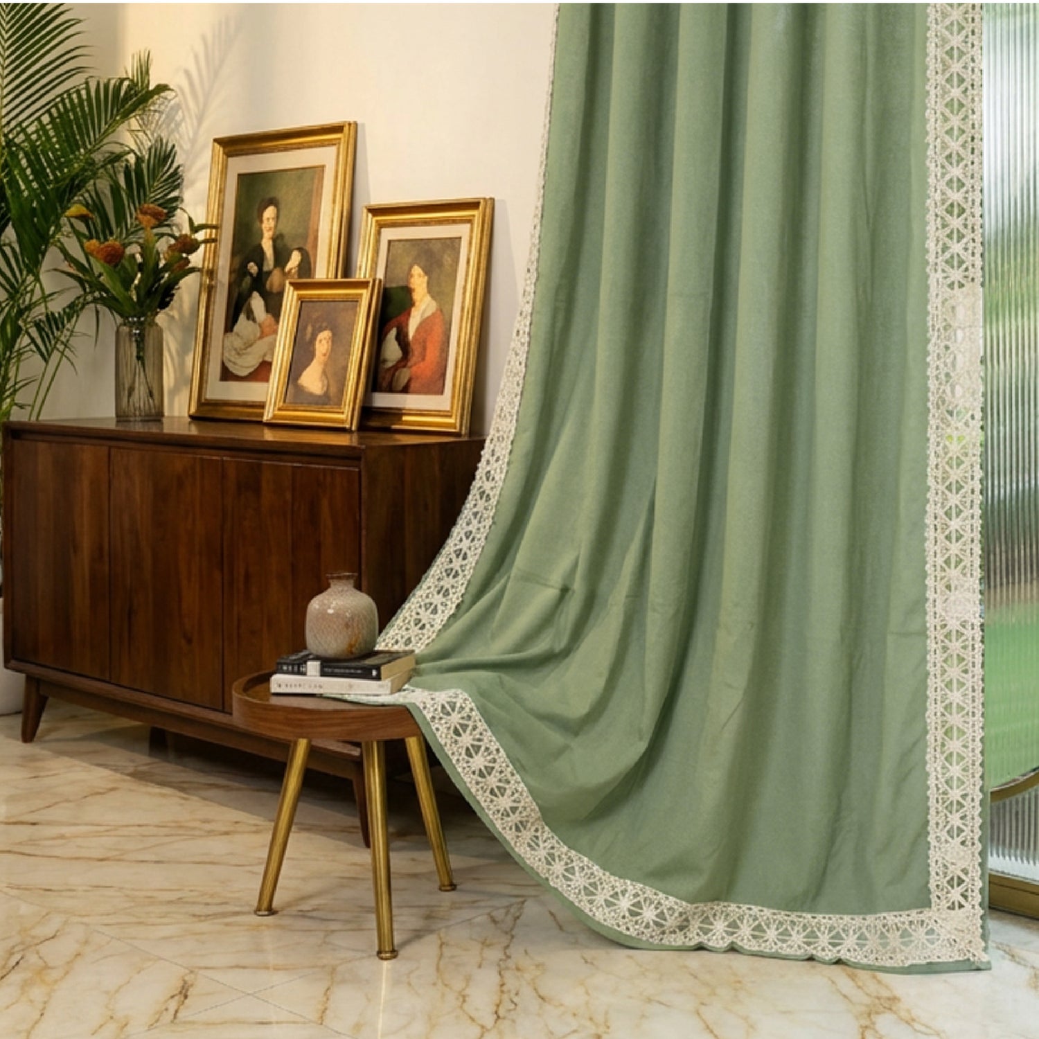 Premium 100% Cotton Curtain for Window & Curtains for Door with Lace Trim - Pack of 1, Aura Sage Green