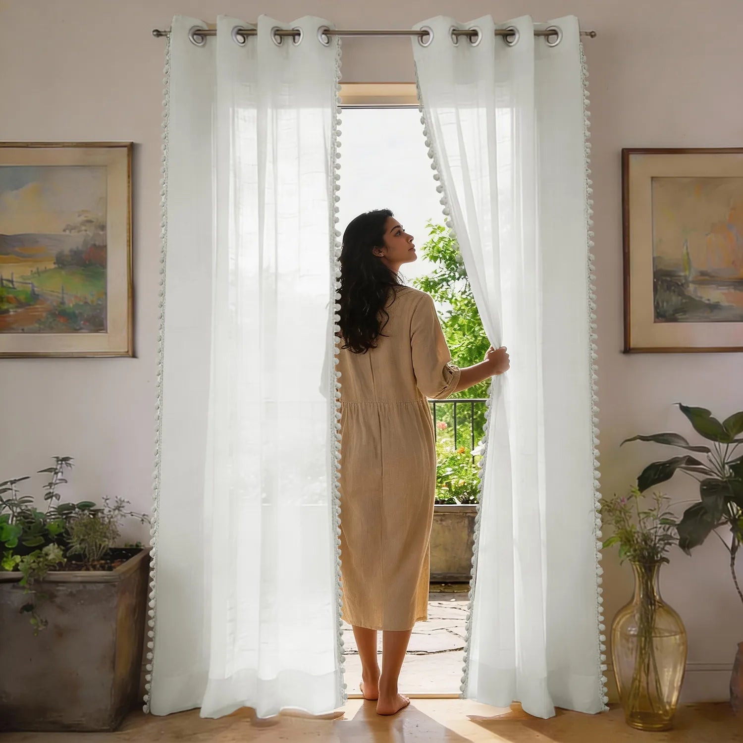 Sheer Curtain for Living Room with linen texture, Net Curtain for balcony, Pack of 2 Curtains - White with pom pom