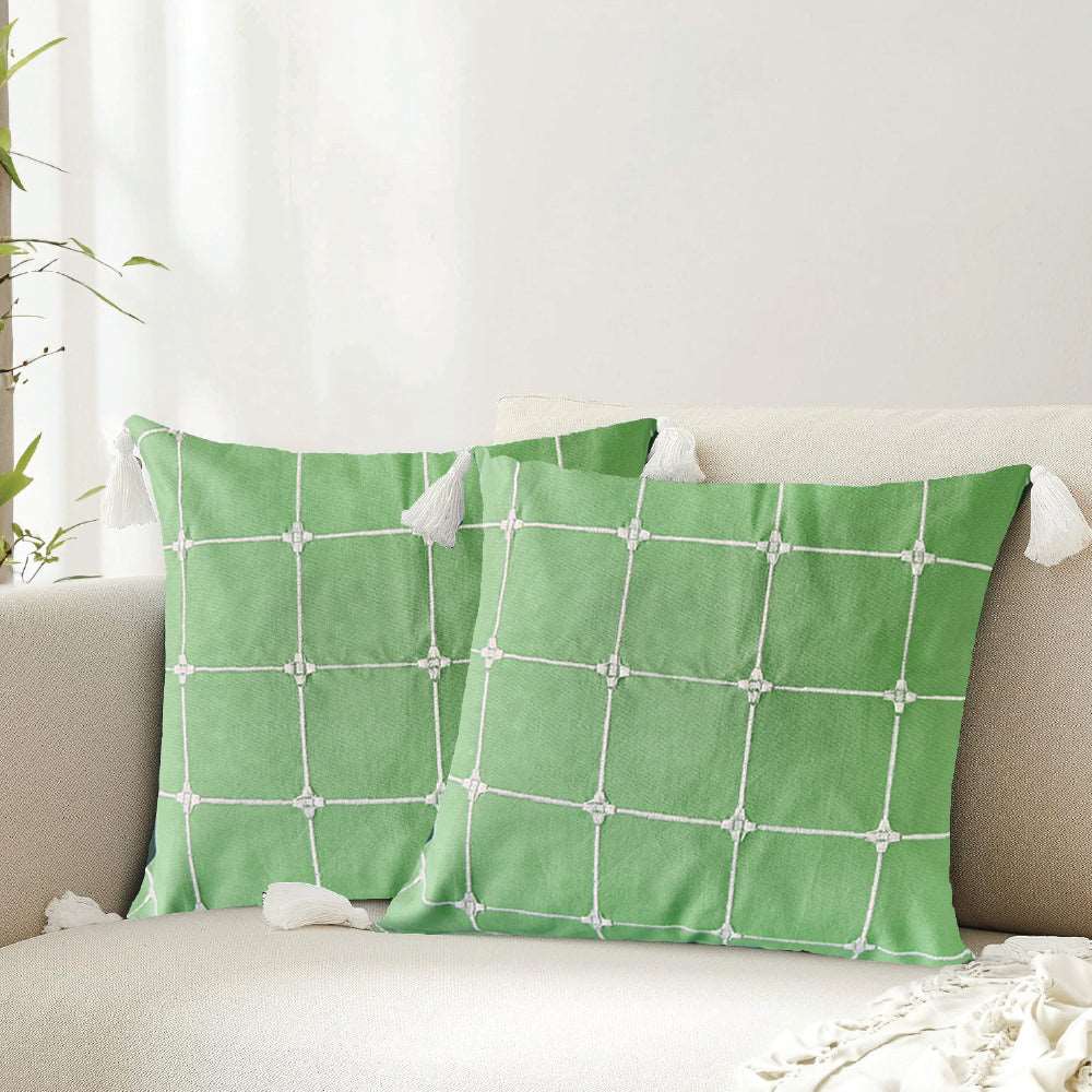 Embroidered Cotton Cushion Cover, for Sofa, Bedroom, Living Room - Set of 2 - Aura Checks Green