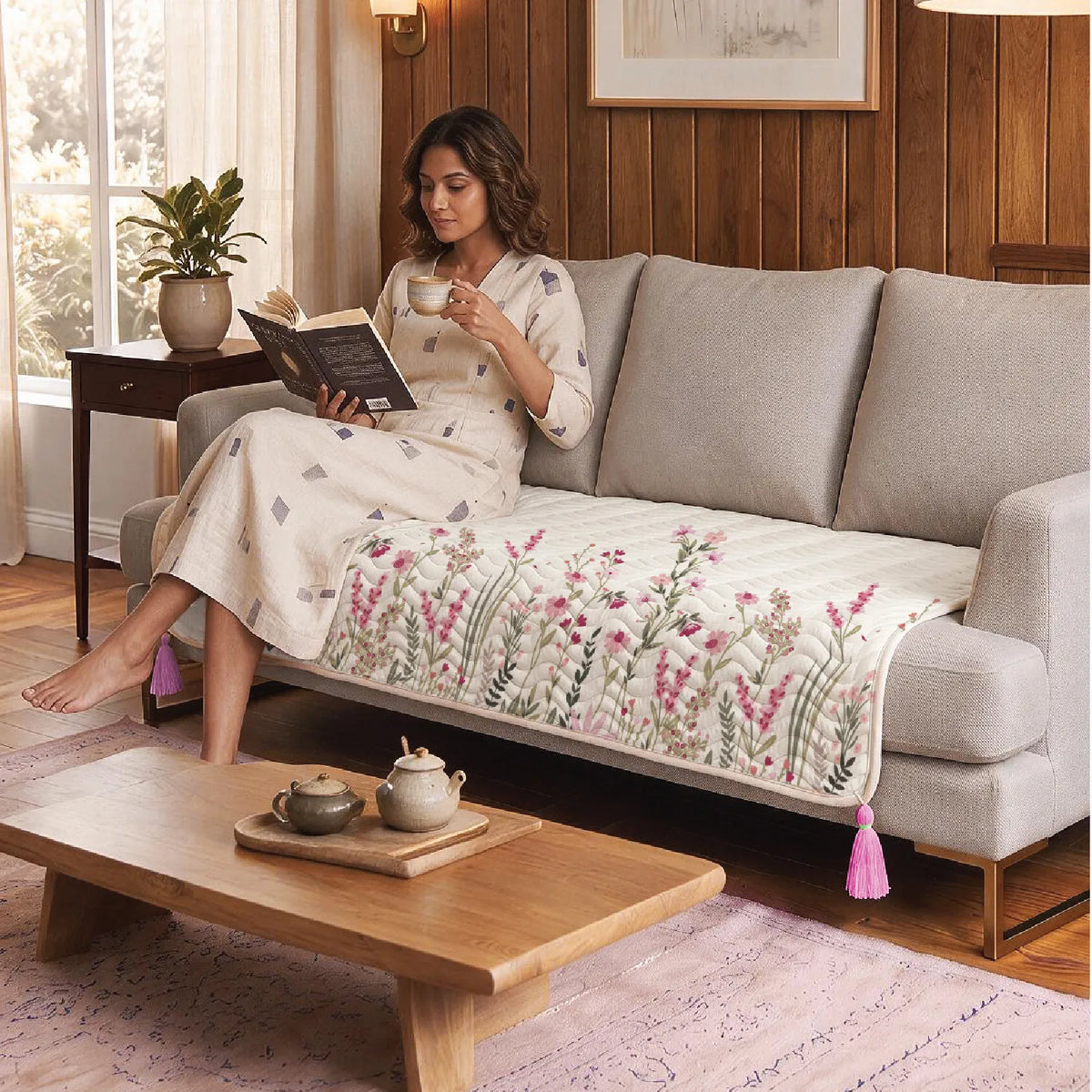 Anti Skid Quilted & Printed Velvet Sofa Mats with Tassels - Elara Pink