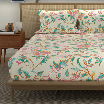 Divine - 100%  Cotton Double Bedsheet with 2 Pillow Covers - Monsoon Buttercream