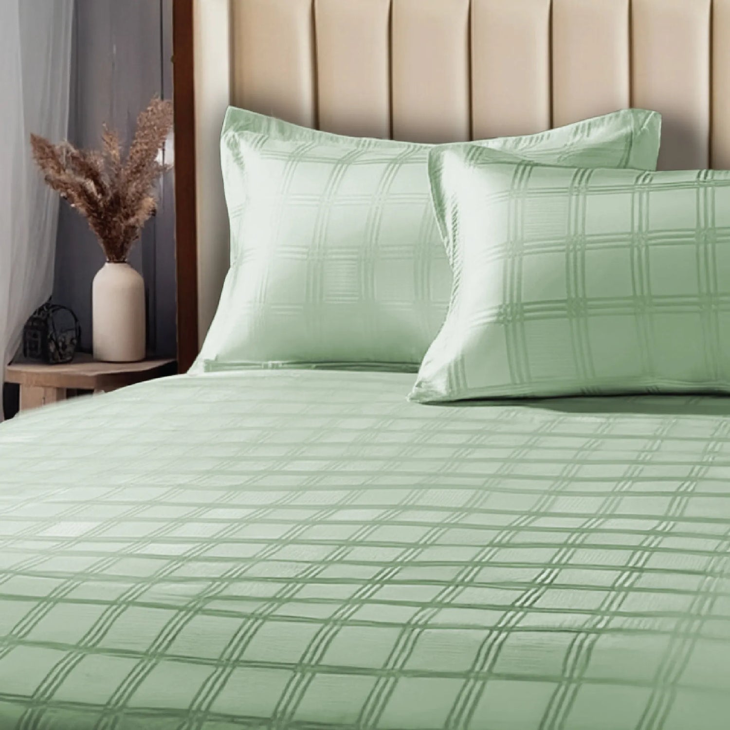 Fitted King Size 300 TC Super Soft Bedsheet, Self Woven Checks Design - Sage Green Checks