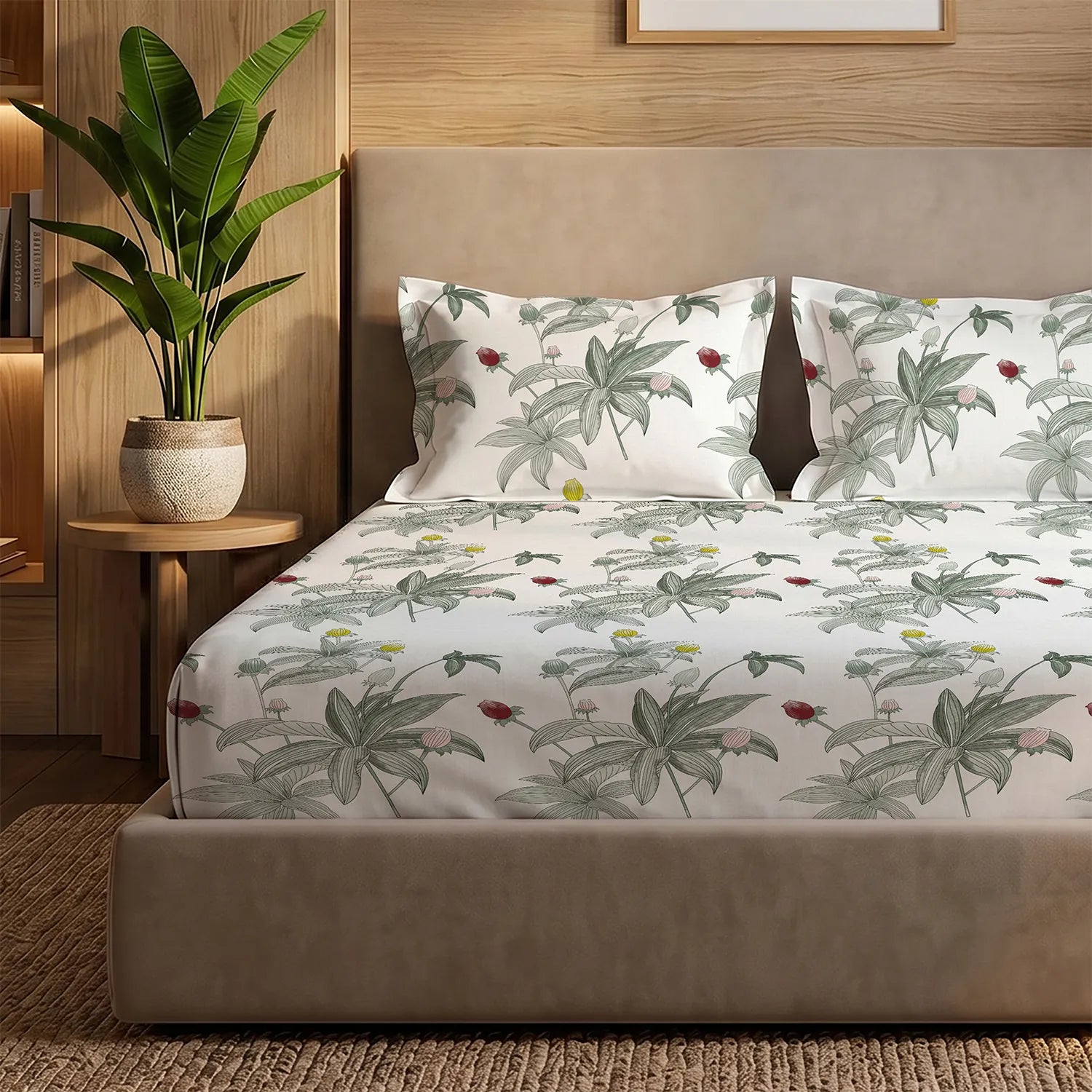 200 TC Glaced Cotton Microfiber Bedsheet with Pillow Covers - Leaf Dreams