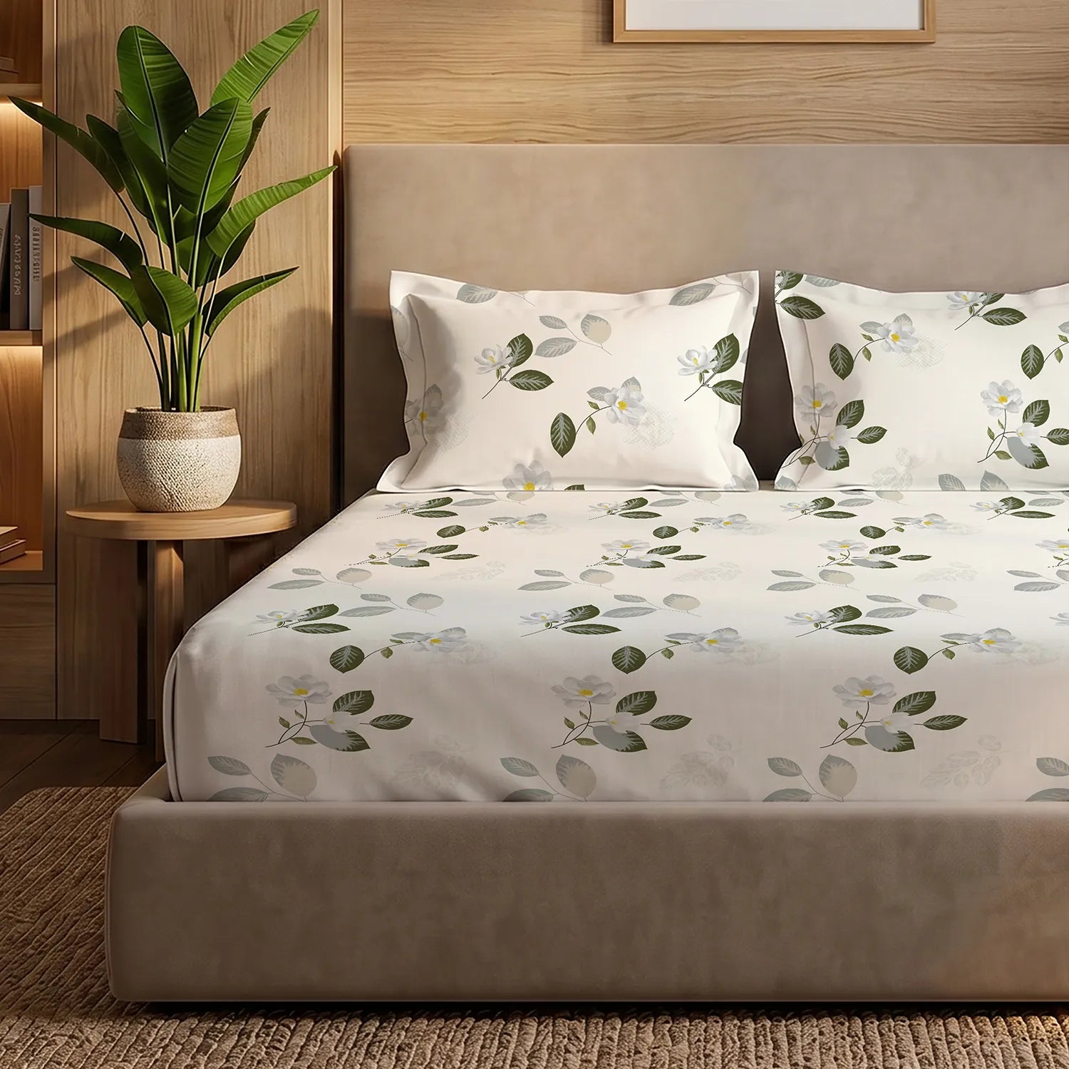 200 TC Glaced Cotton Microfiber Bedsheet with Pillow Covers - Tea Leaves