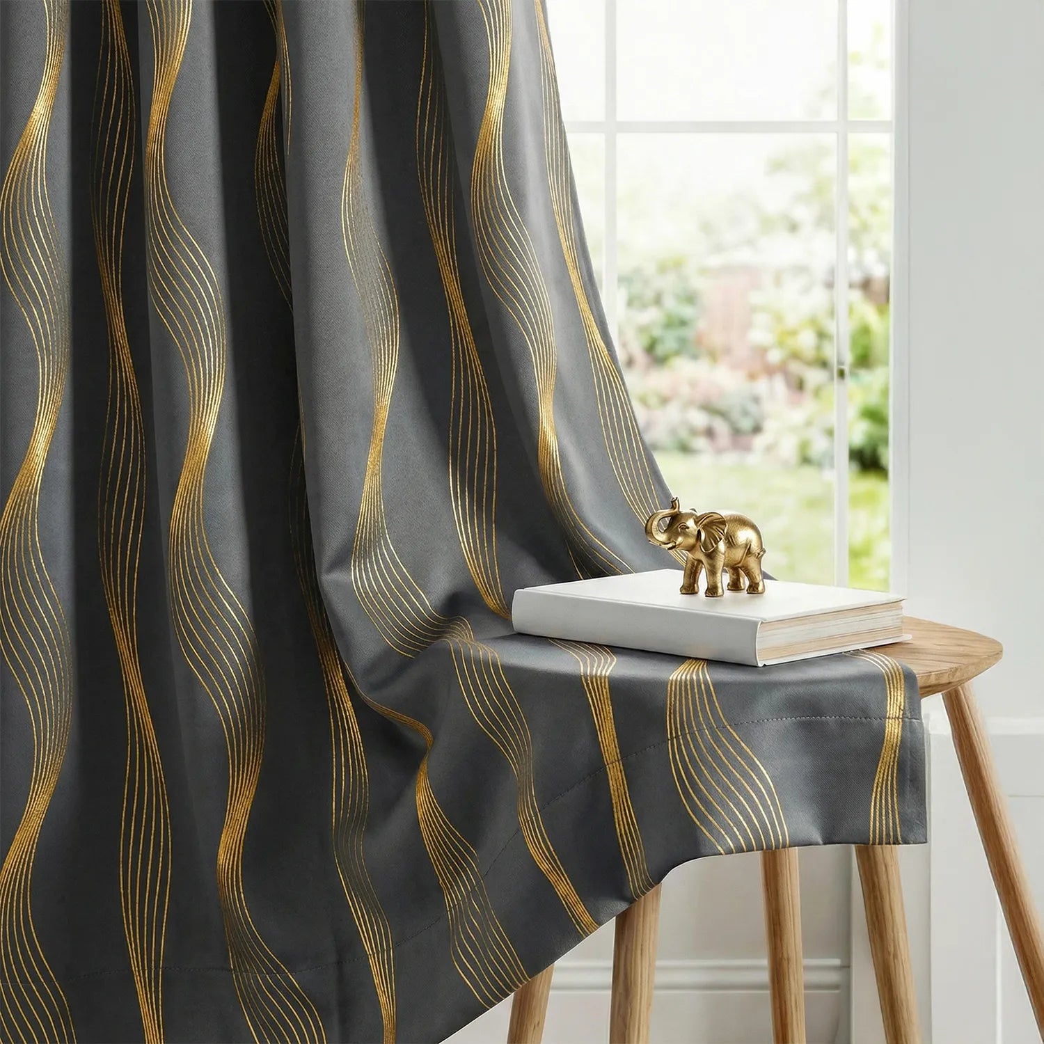 Gold Foil Printed 80-85% Blackout Curtains - Pack of 1 - Double Wave - Grey