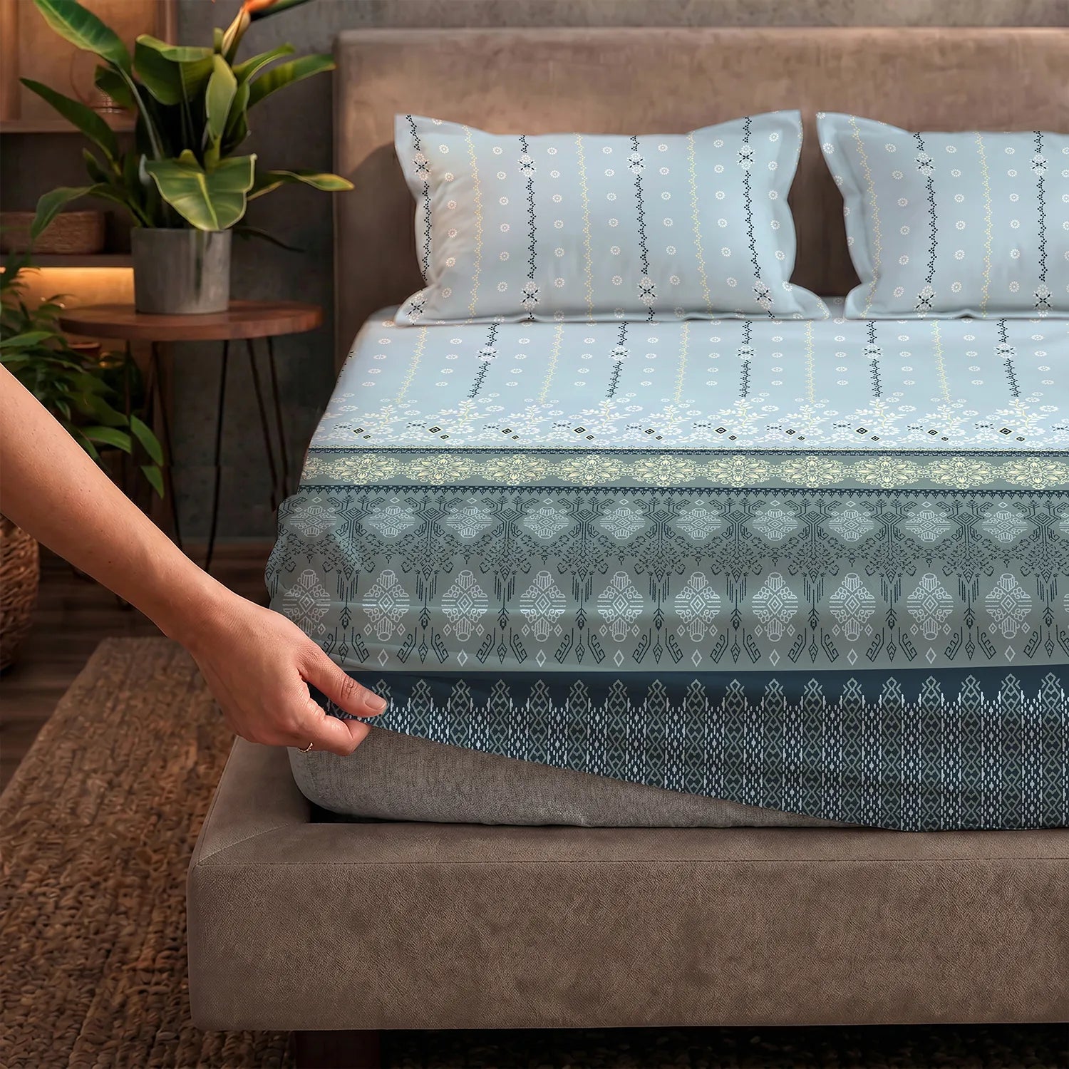 Fitted King Size Cotton Bedsheet - Origami Teal Grey