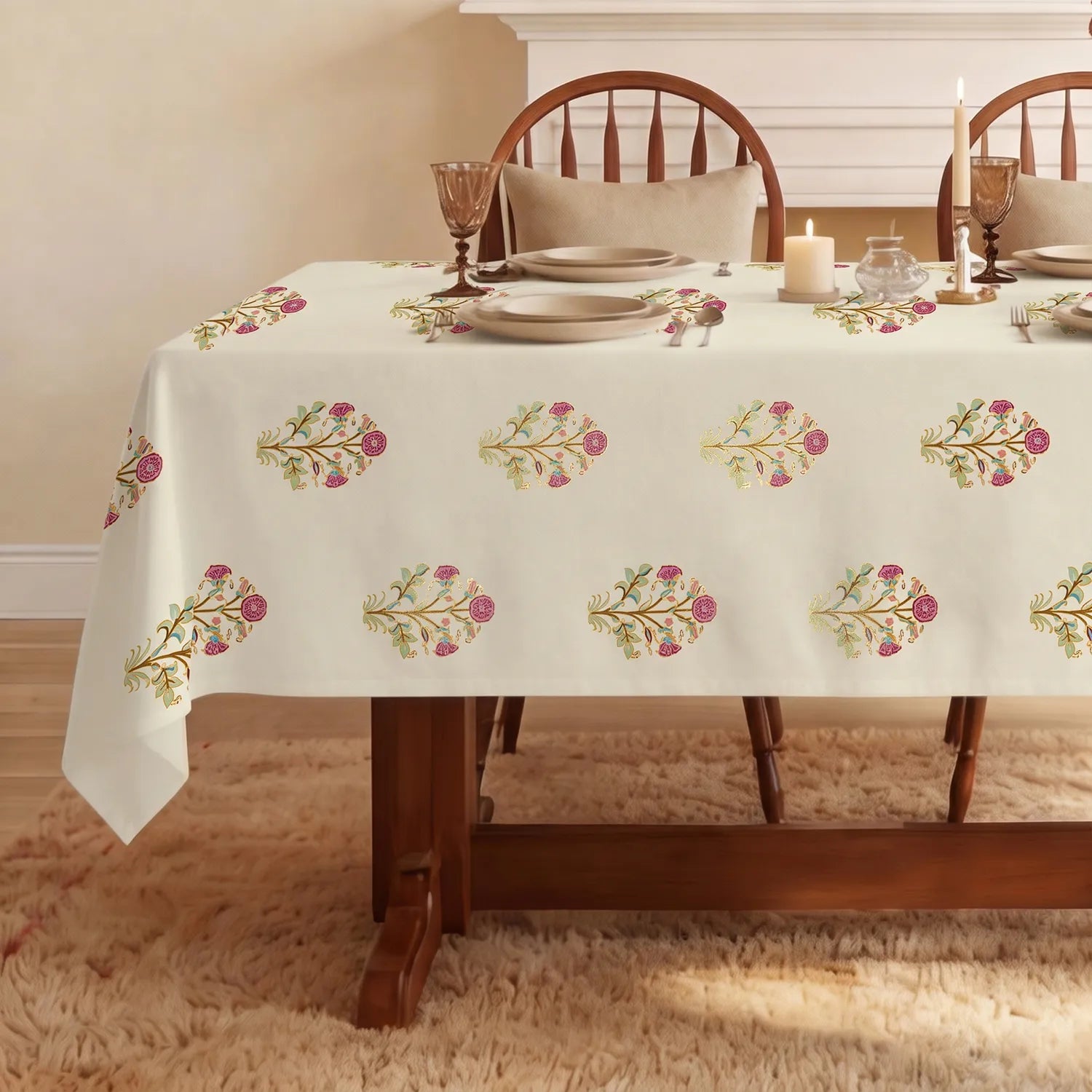 100% Cotton Table cloth/ table cover for 4 or 6 seater Dining / Centre Table - Zari Mohar Pink Gold